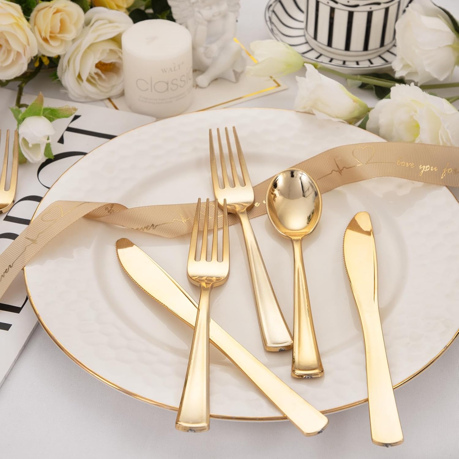 WDF300 Pieces Gold Plastic Silverware - Heavy Duty Disposable Gold Cutlery Set Plastic Gold Silverware Set Plastic Includes 100 Forks, 100 Spoons, 100 Knives