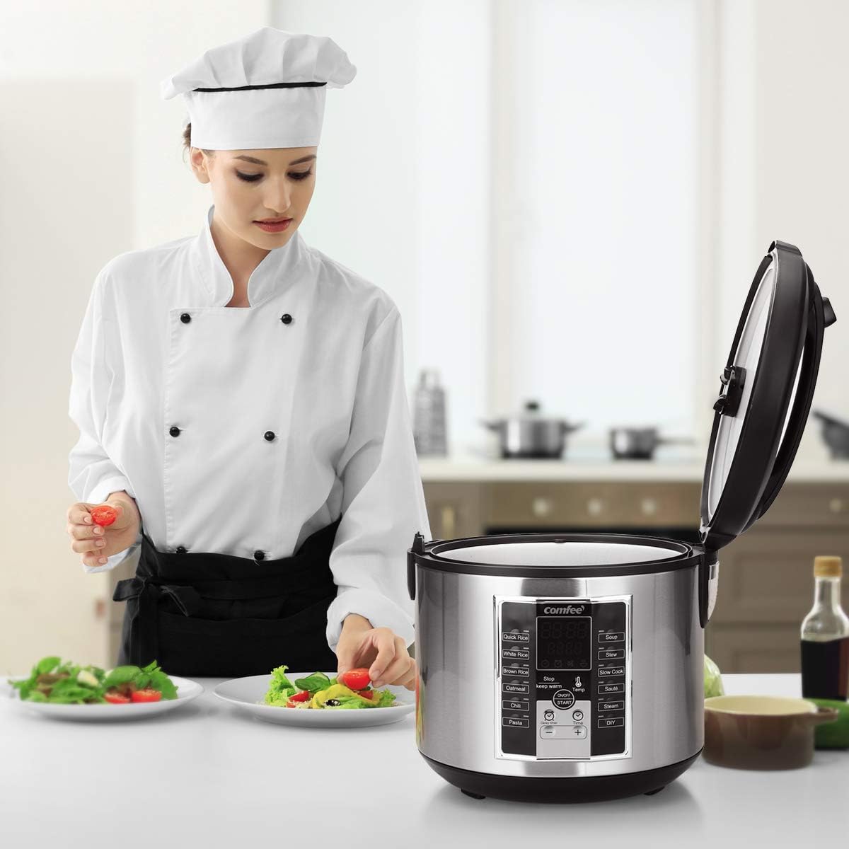 COMFEE' Compact Rice Cooker, 6-in-1 Stainless Steel Multi Cooker, Slow Cooker, Steamer, Saute, and Warmer, 2 QT, 8 Cups Cooked(4 Cups Uncooked), Brown Rice, Quinoa and Oatmeal, 6 One-Touch Programs