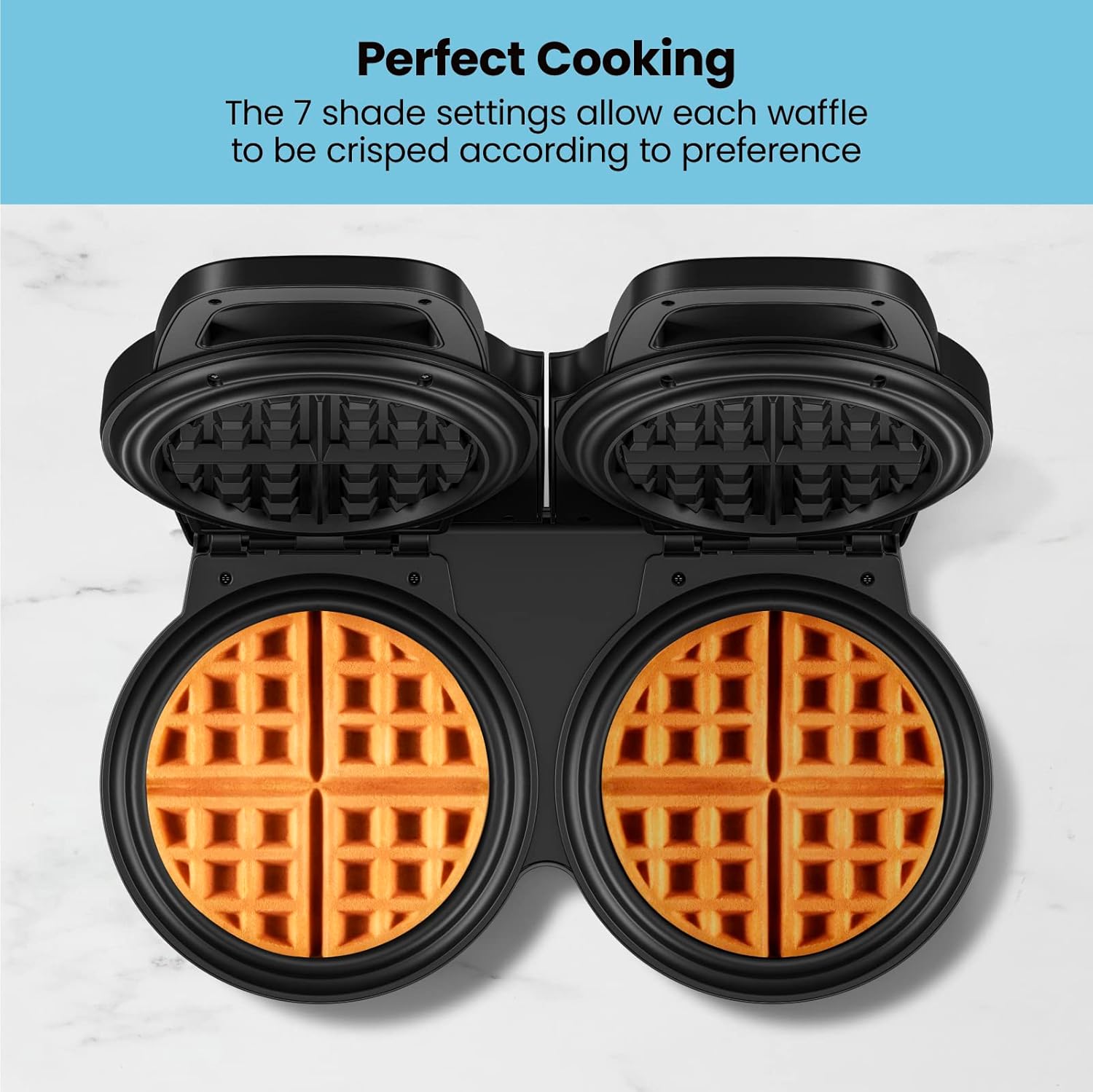 Chefman Anti-Overflow Belgian Waffle Maker w/Shade Selector, Temperature Control, Mess Free Moat, Round Iron w/Nonstick Plates & Cool Touch Handle, Measuring Cup Included, Black