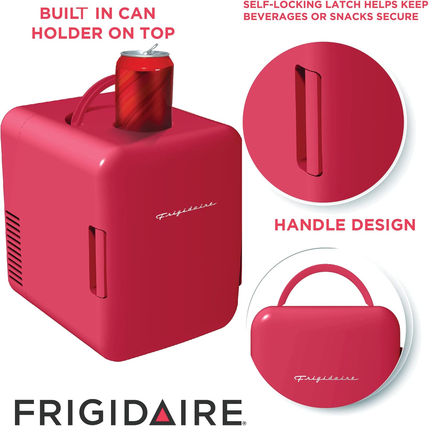 Frigidaire Mini Portable Compact Personal Fridge Cooler, 4 Liter Capacity Chills Six 12 oz Cans, 100% Freon-Free & Eco Friendly, Includes Plugs for Home Outlet & 12V Car Charger – Black