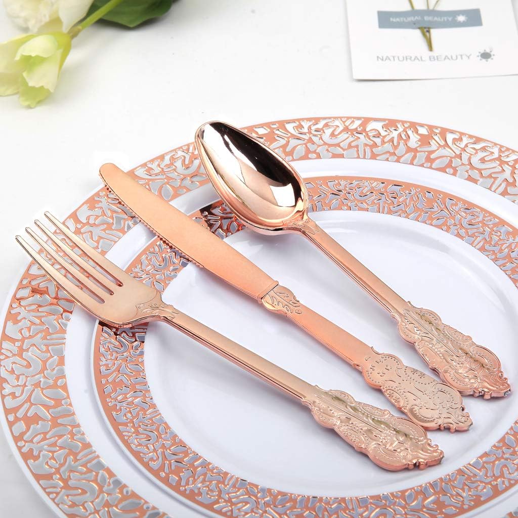 WDF300 Pieces Gold Plastic Silverware - Heavy Duty Disposable Gold Cutlery Set Plastic Gold Silverware Set Plastic Includes 100 Forks, 100 Spoons, 100 Knives