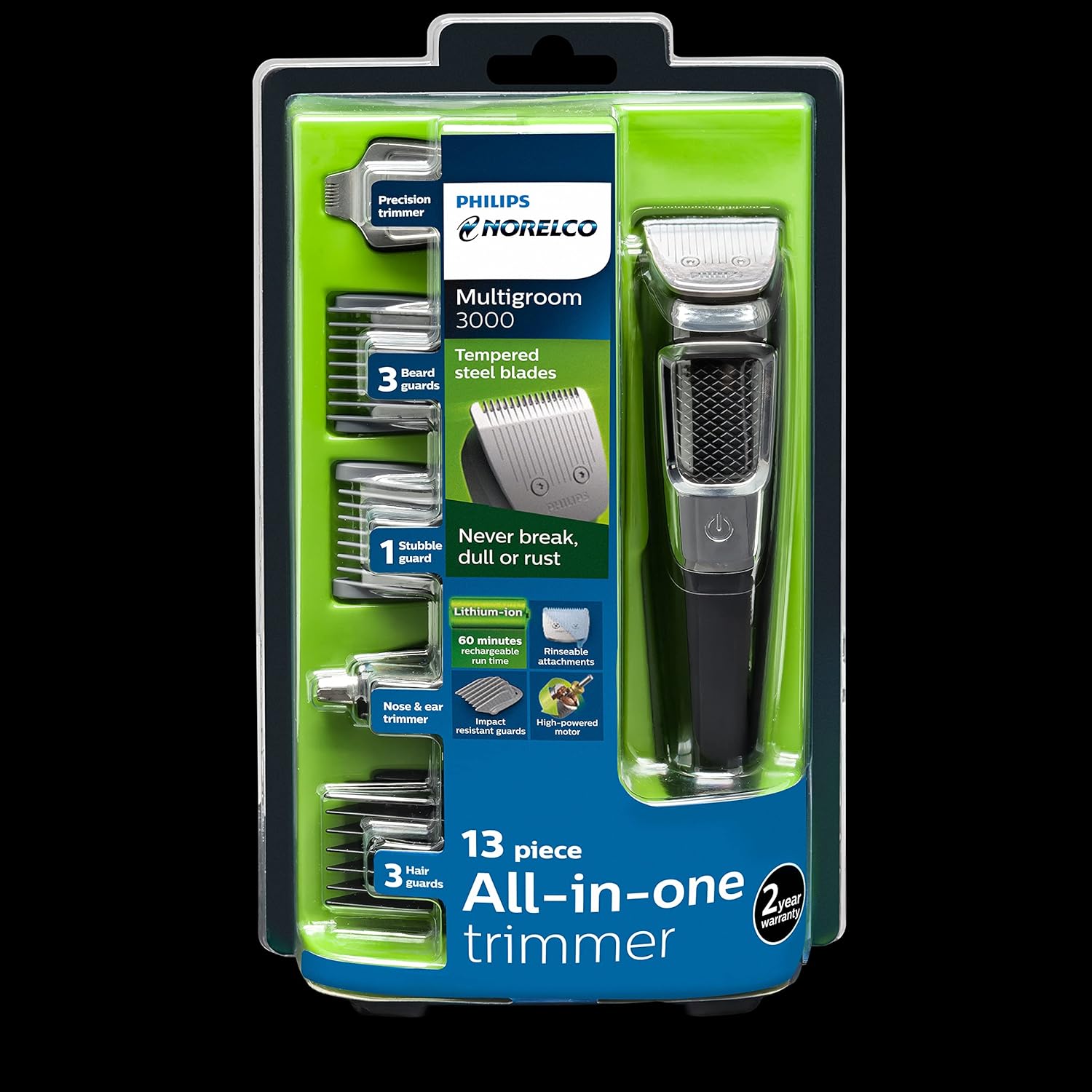 Norelco Philips Multi Groomer All-in-One Trimmer Series 3000-13 Piece Mens Grooming Kit for Beard, Face, Nose, Ear Hair Trimmer and Hair Clipper - NO Blade Oil Needed, MG3740/40