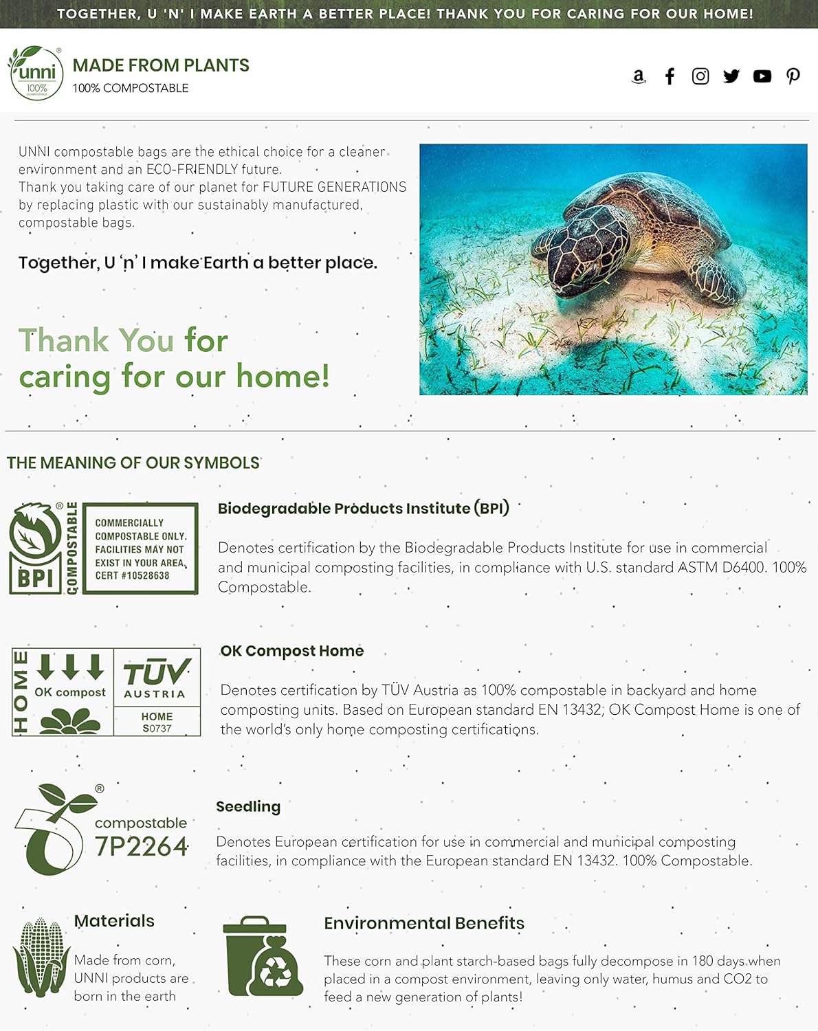 UNNI Compostable Liner Bags, 13 Gallon, 49.2 Liter, 50 Count, Heavy Duty 0.85 Mil, Tall Kitchen Food Scrap Waste Bags, ASTM D6400, US BPI, CMA and Europe OK Compost Home Certified, San Francisco