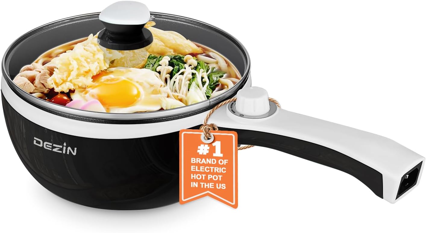 Dezin Hot Pot Electric Upgraded, Non-Stick Sauté Pan, Rapid Noodles Electric Pot, 1.5L Mini Portable Hot Pot for Steak, Egg, Fried Rice, Ramen, Oatmeal, Soup with Power Adjustment(Egg Rack Included)