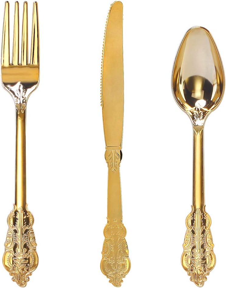 WDF300 Pieces Gold Plastic Silverware - Heavy Duty Disposable Gold Cutlery Set Plastic Gold Silverware Set Plastic Includes 100 Forks, 100 Spoons, 100 Knives