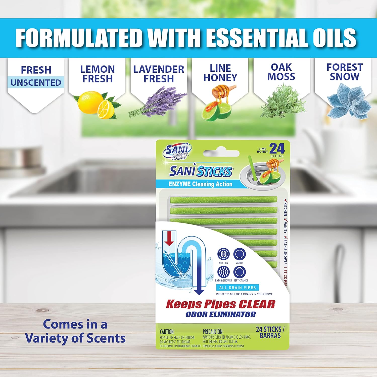 SANI 360° Sani Sticks Drain Cleaner and Deodorizer, Enzyme Pipe Cleaners, Eliminate Odors, Prevent Clogged Drains, Safe for Sinks, Bathtub Drains, Septic Tanks, 24 Count, Lemon Scent