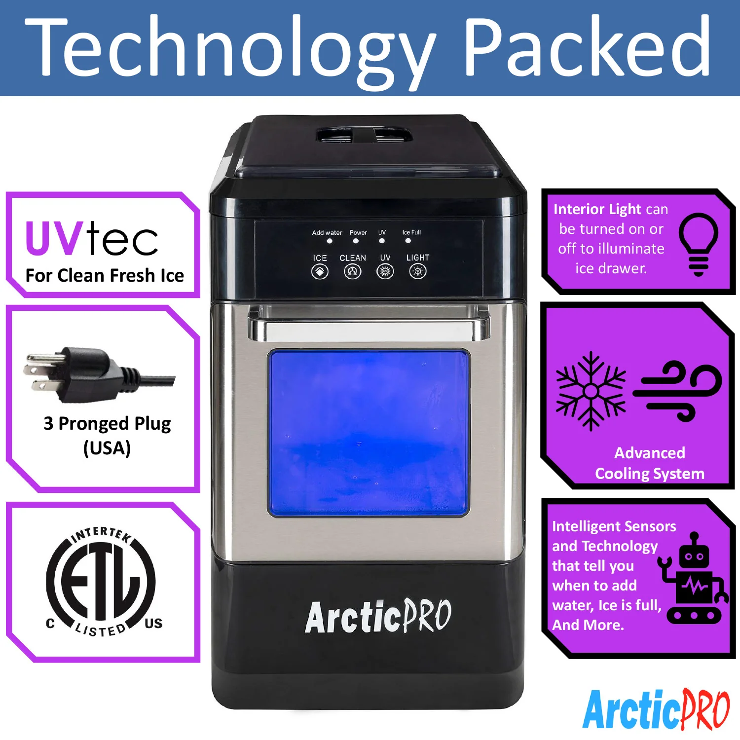 Arctic-Pro Ice Pellet Portable Ice Maker with UV Light and Ice Draw, Black-Stainless Steel