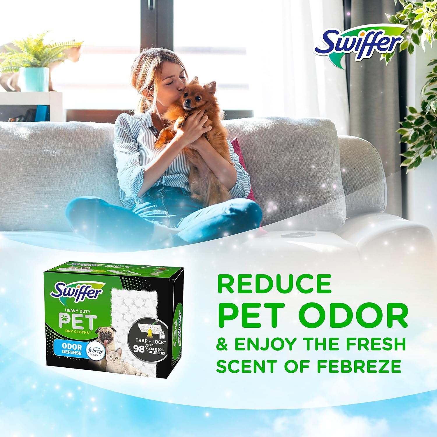 Swiffer Sweeper Pet Heavy Duty Dry Multi-Surface Cloth Refills for Floor Sweeping and Cleaning, Febreze Freshness, 32 count