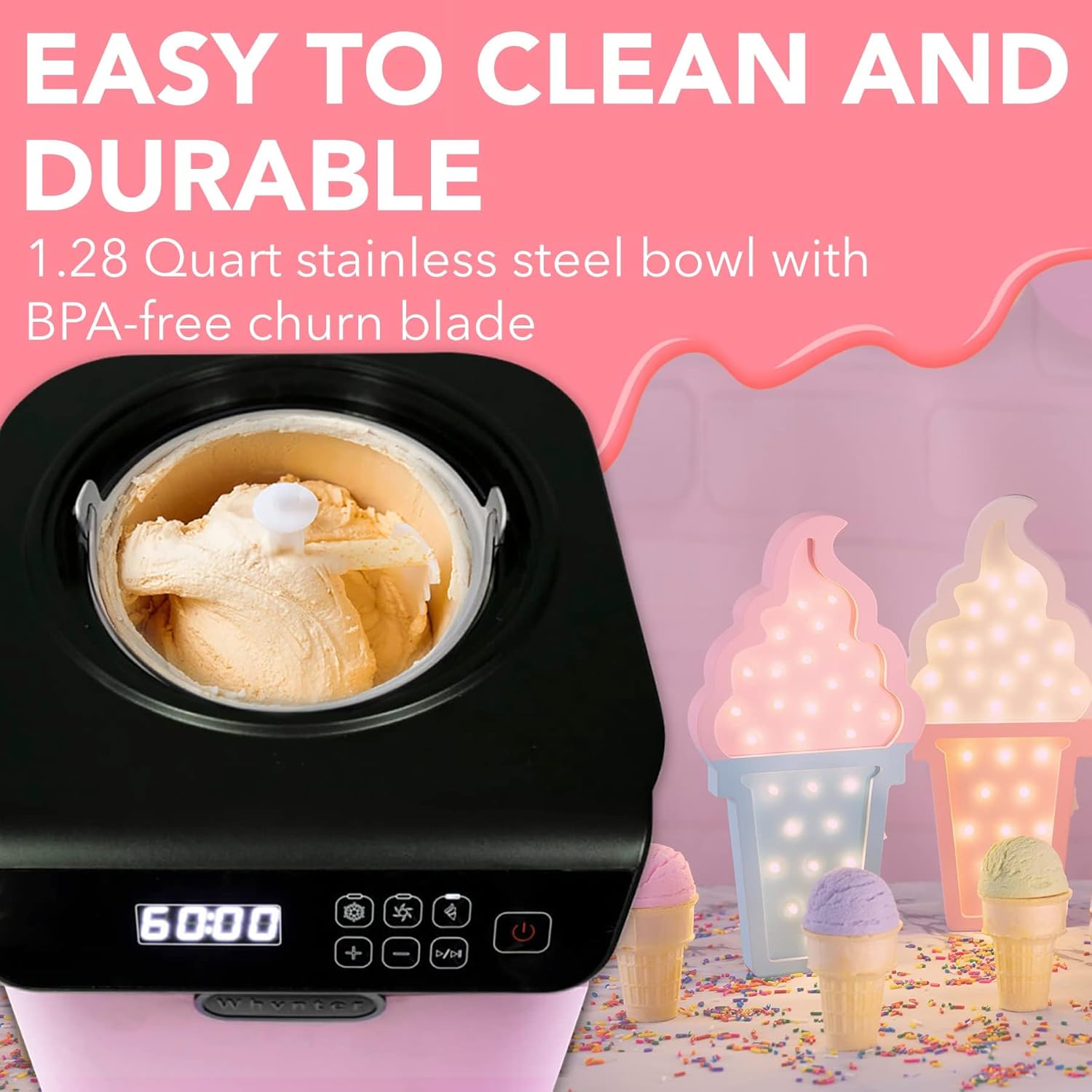 Whynter Ice Cream Maker Machine Automatic 2.1 Qt. upright with Built-in Compressor, LCD Digital Display & Timer, No Pre-Freezing, ICM-201SB, Stainless Steel