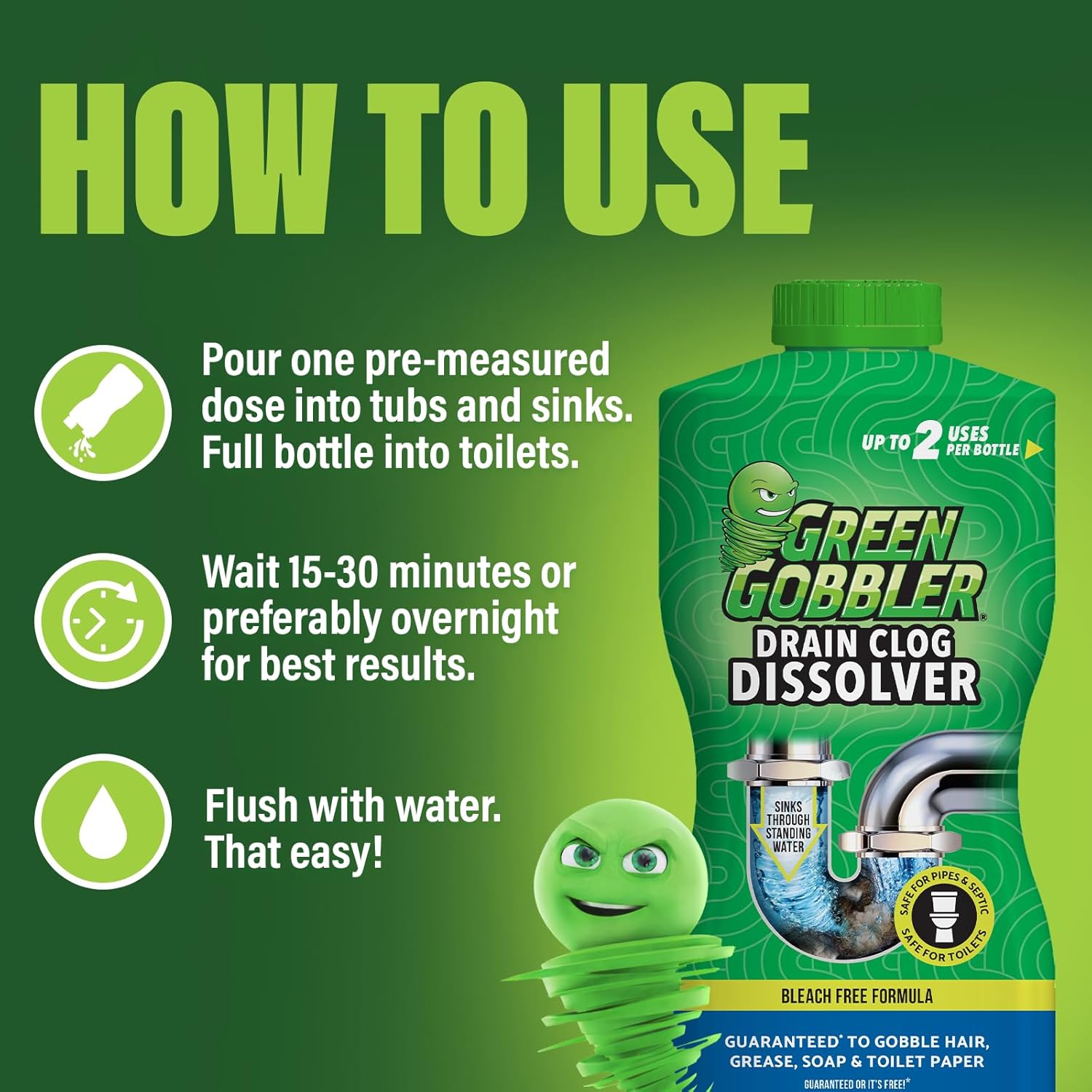 Green Gobbler Drain Clog Remover | Toilet Clog Remover | Dissolve Hair & Organic Materials from Clogged Toilets, Sinks and Drains | Drain Cleaner and Opener, 128 oz