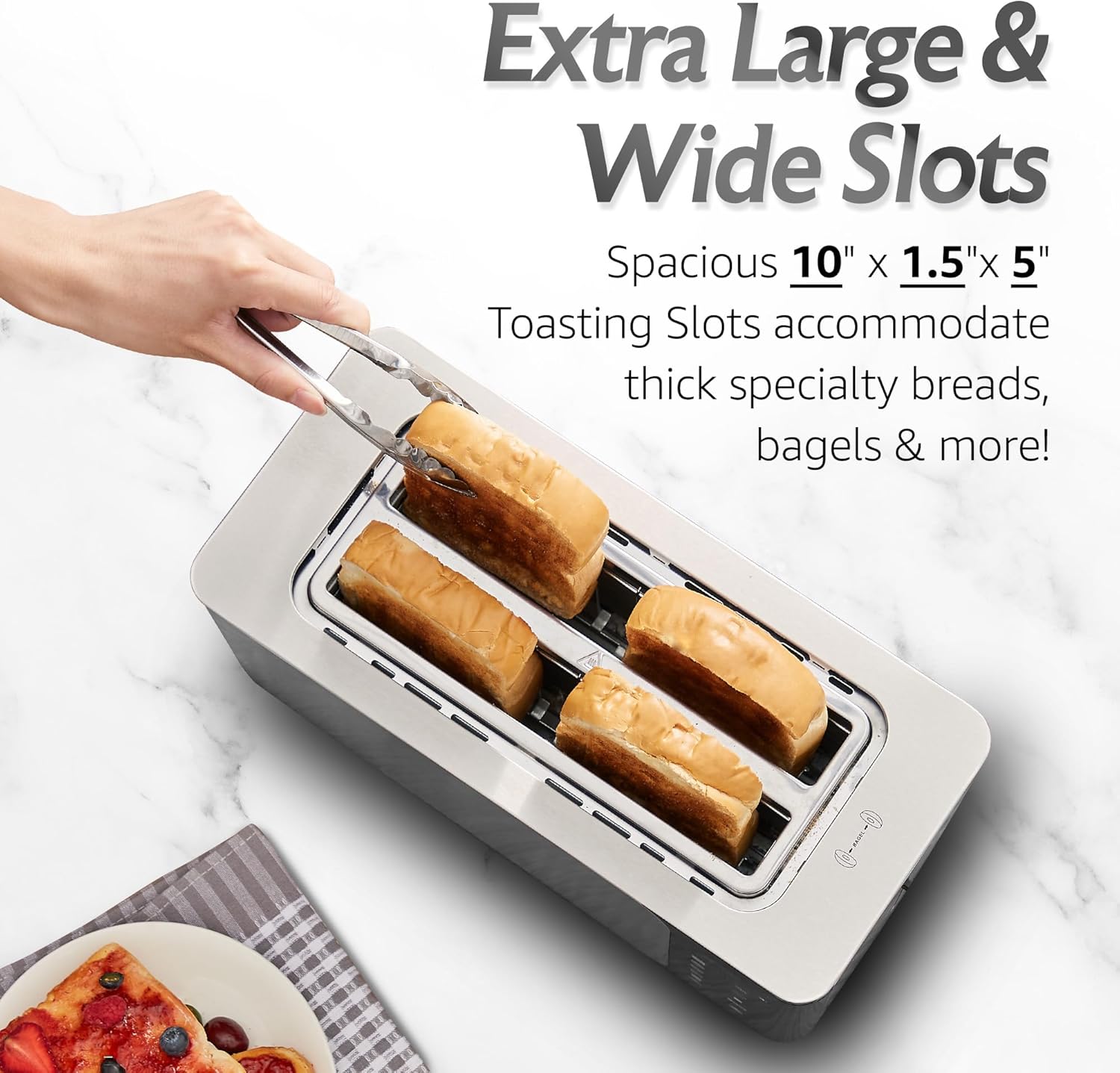 Elite Gourmet ECT-3100 Long Slot 4 Slice Toaster, Reheat, 6 Toast Settings, Defrost, Cancel Functions, Built-in Warming Rack, Extra Wide Slots for Bagels & Waffles, Stainless Steel & Black