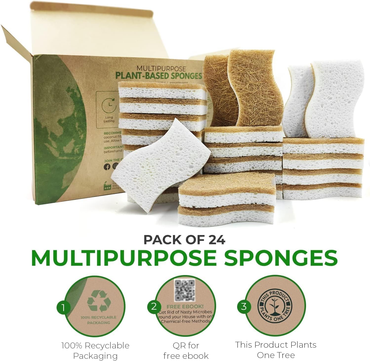 Natural Kitchen Sponge - Biodegradable Compostable Cellulose and Coconut Scrubber Sponge - Pack of 12 Eco Friendly Sponges for Dishes