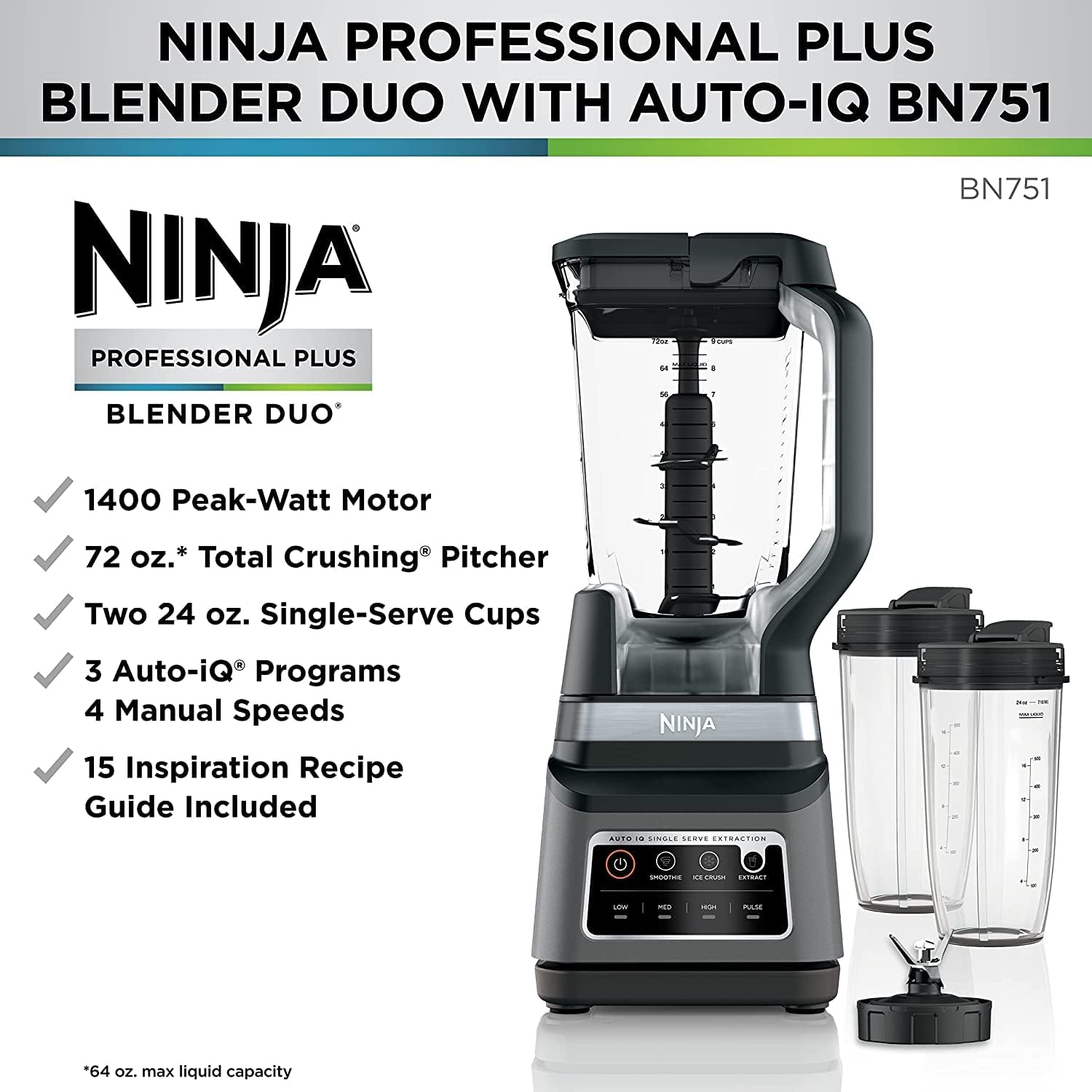 Ninja BN701 Professional Plus Blender, 1400 Peak Watts, 3 Functions for Smoothies, Frozen Drinks & Ice Cream with Auto IQ, 72-oz.* Total Crushing Pitcher & Lid, Dark Grey