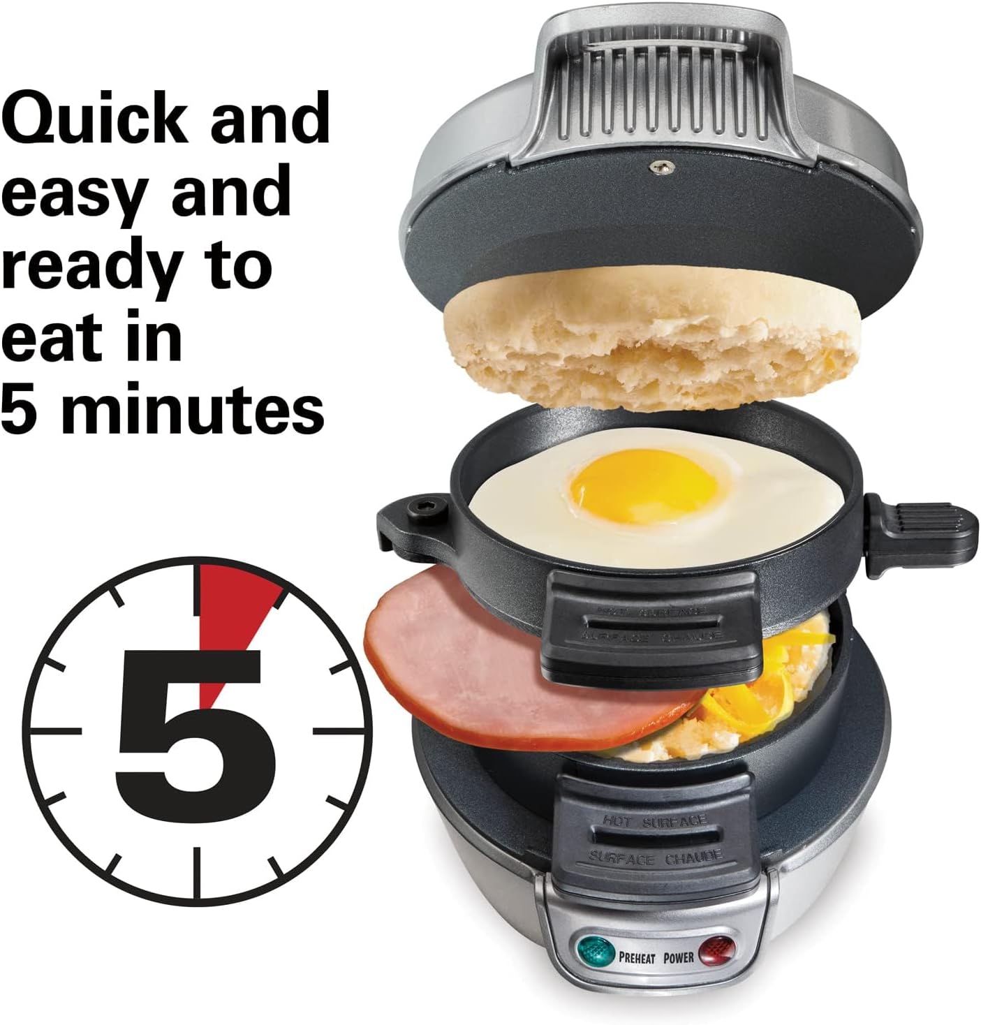 Hamilton Beach Breakfast Sandwich Maker with Egg Cooker Ring, Customize Ingredients, English Muffins, Croissants, Mini Waffles, Perfect White Elephant Gifts, Single, Black