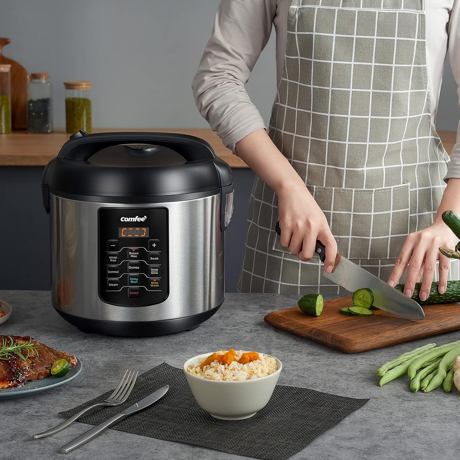 COMFEE' Compact Rice Cooker, 6-in-1 Stainless Steel Multi Cooker, Slow Cooker, Steamer, Saute, and Warmer, 2 QT, 8 Cups Cooked(4 Cups Uncooked), Brown Rice, Quinoa and Oatmeal, 6 One-Touch Programs