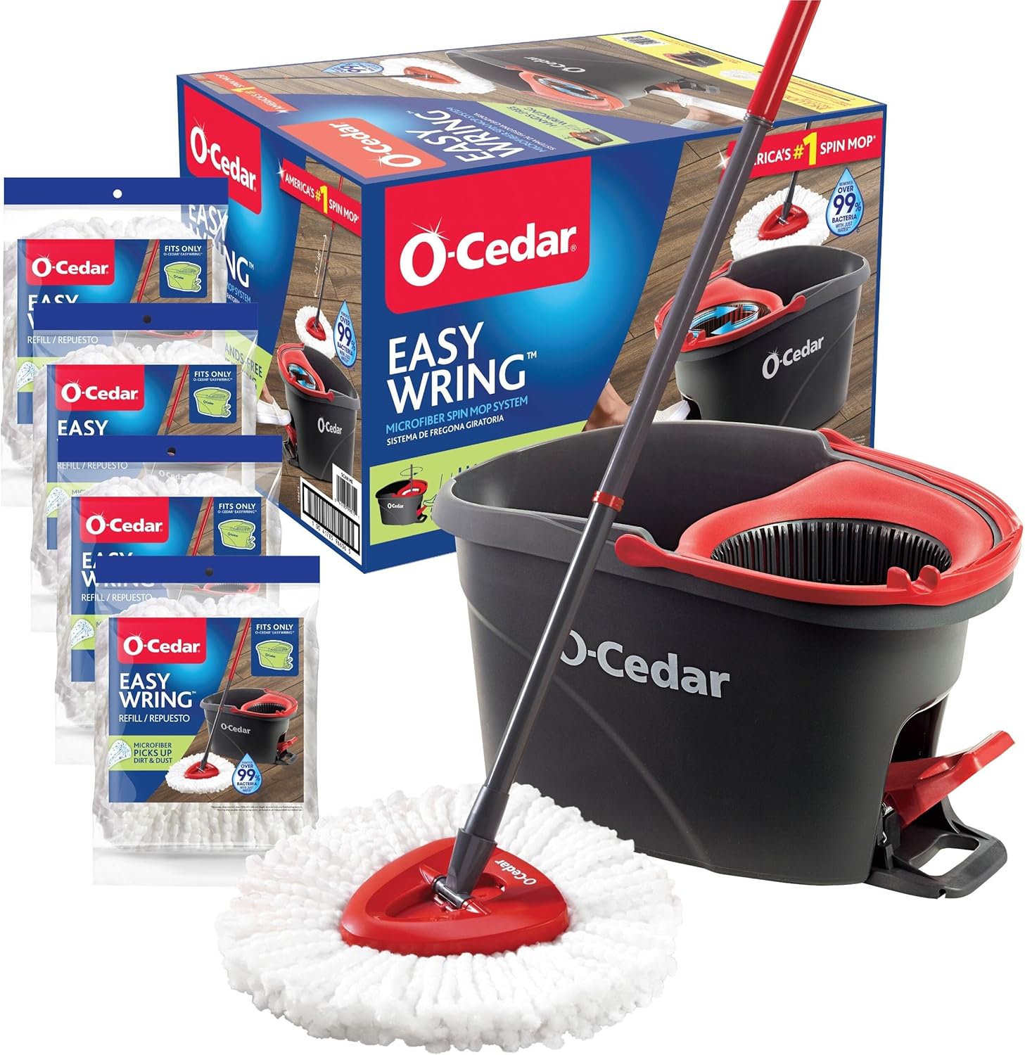 O-Cedar Easywring Microfiber Spin Mop & Bucket Floor Cleaning System with 3 Extra Refills