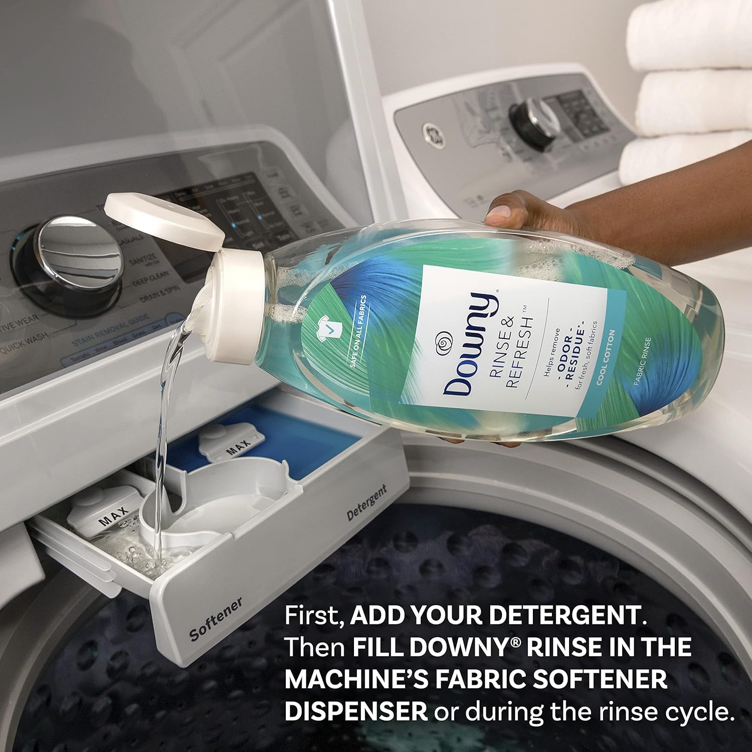 Downy Rinse & Refresh Laundry Odor Remover And Fabric Softener, Cool Cotton, 48 Fl Oz, HE Compatible Laundry Sanitizer, Safe On All Fabrics, Fabric Softener Liquid
