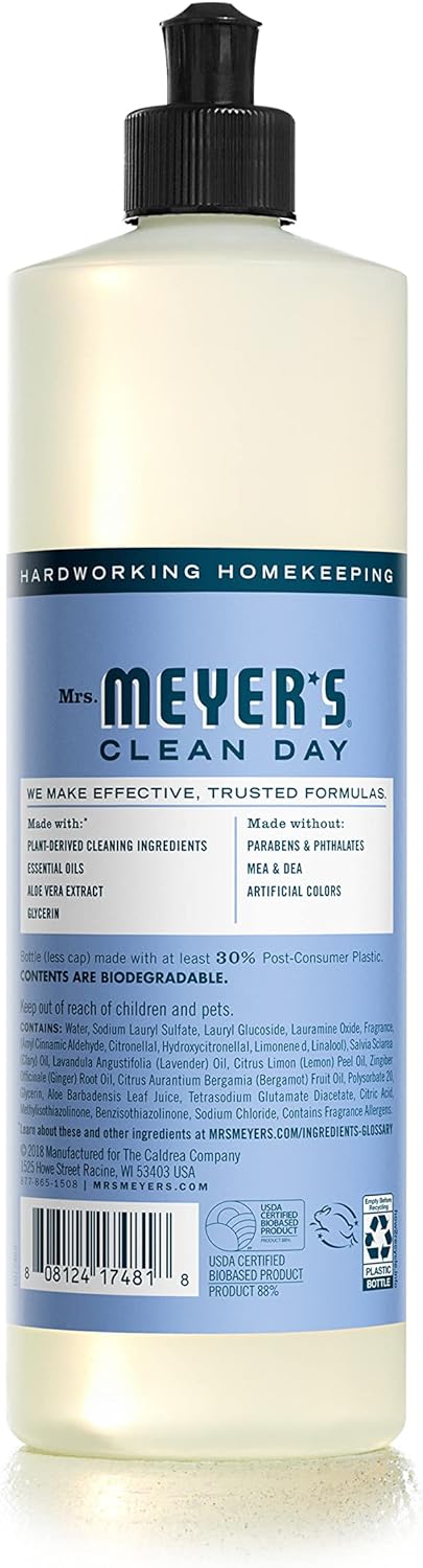 MRS. MEYER'S CLEAN DAY Liquid Dish Soap, Biodegradable Formula, Basil, 16 fl. oz - Pack of 3