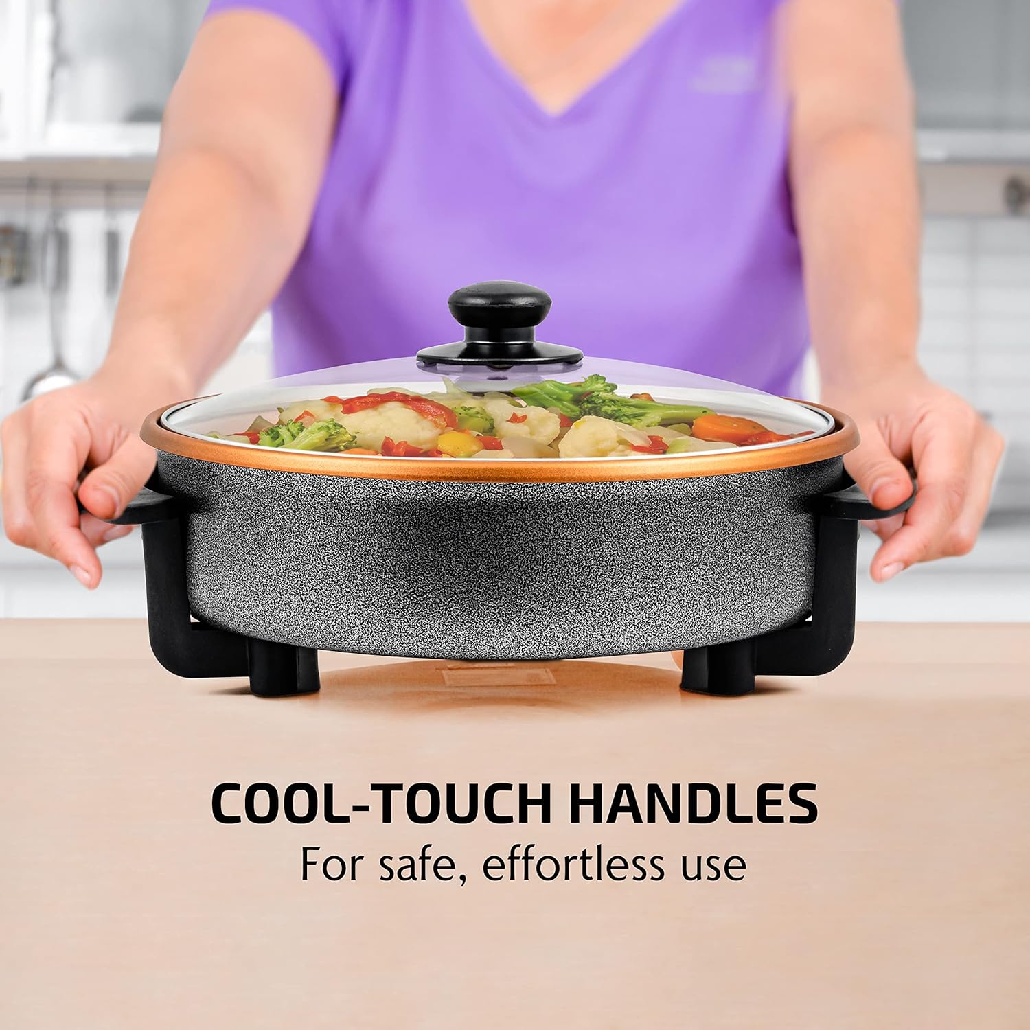 OVENTE 12 Inch Electric Skillet and Frying Pan with Nonstick Coating, 1400W Power, Adjustable Temperature Control, Tempered Glass Lid with Vent and Cool Touch Handles, Black SK11112B