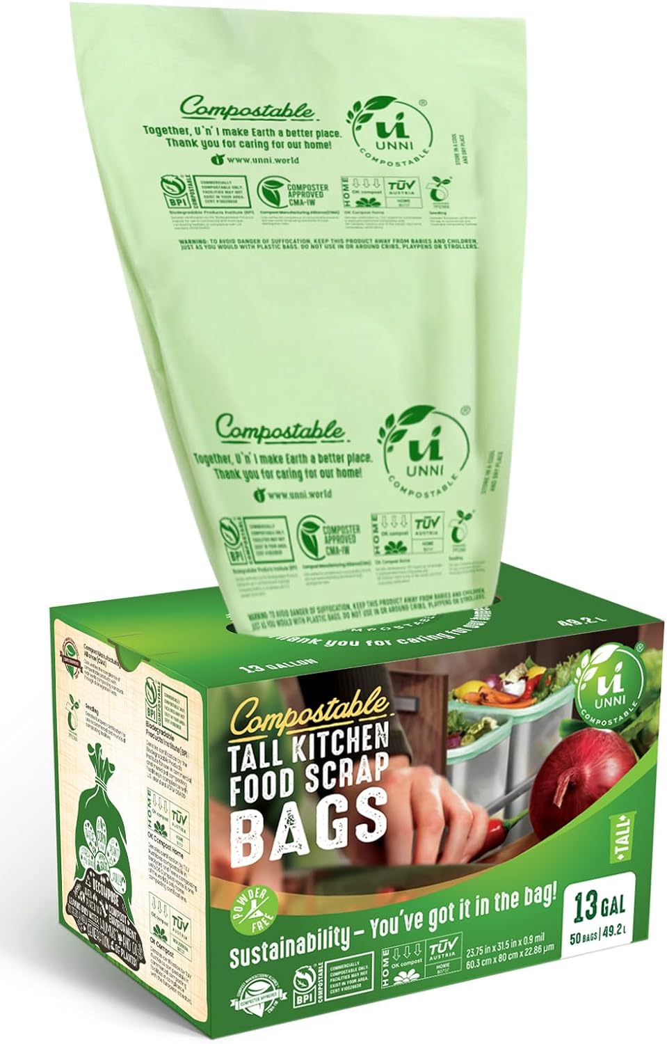 UNNI Compostable Liner Bags, 13 Gallon, 49.2 Liter, 50 Count, Heavy Duty 0.85 Mil, Tall Kitchen Food Scrap Waste Bags, ASTM D6400, US BPI, CMA and Europe OK Compost Home Certified, San Francisco