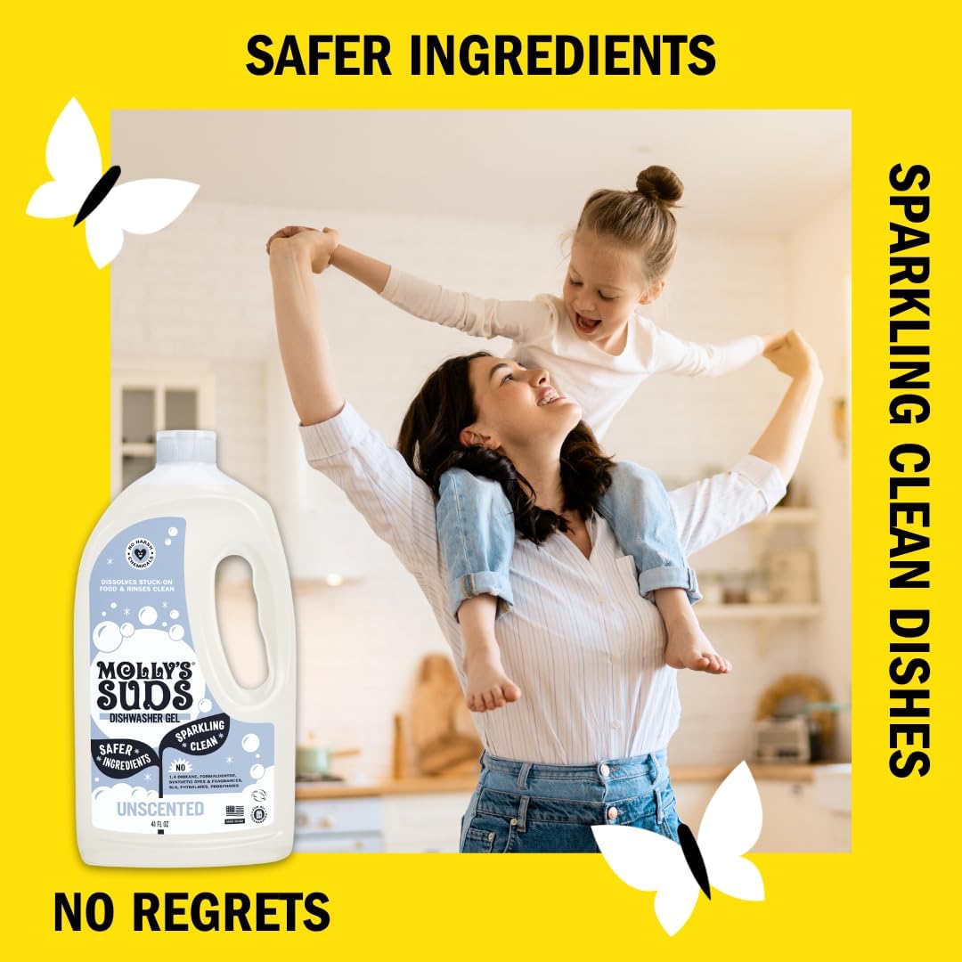 Molly's Suds Dishwasher Pods | Natural Dishwasher Detergent, Cuts Grease & Rinses Clean (Residue-Free) for Sparkling Dishes | 60 Auto-Release Tabs (Unscented)