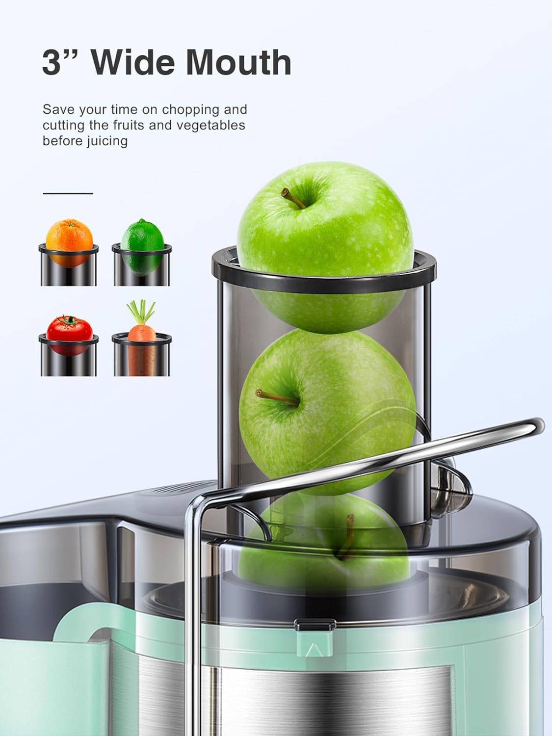 Qcen Juicer Machine, 800W Centrifugal Juicer Extractor with Wide Mouth 3” Feed Chute for Fruit Vegetable, Easy to Clean, Stainless Steel, BPA-free (Black)