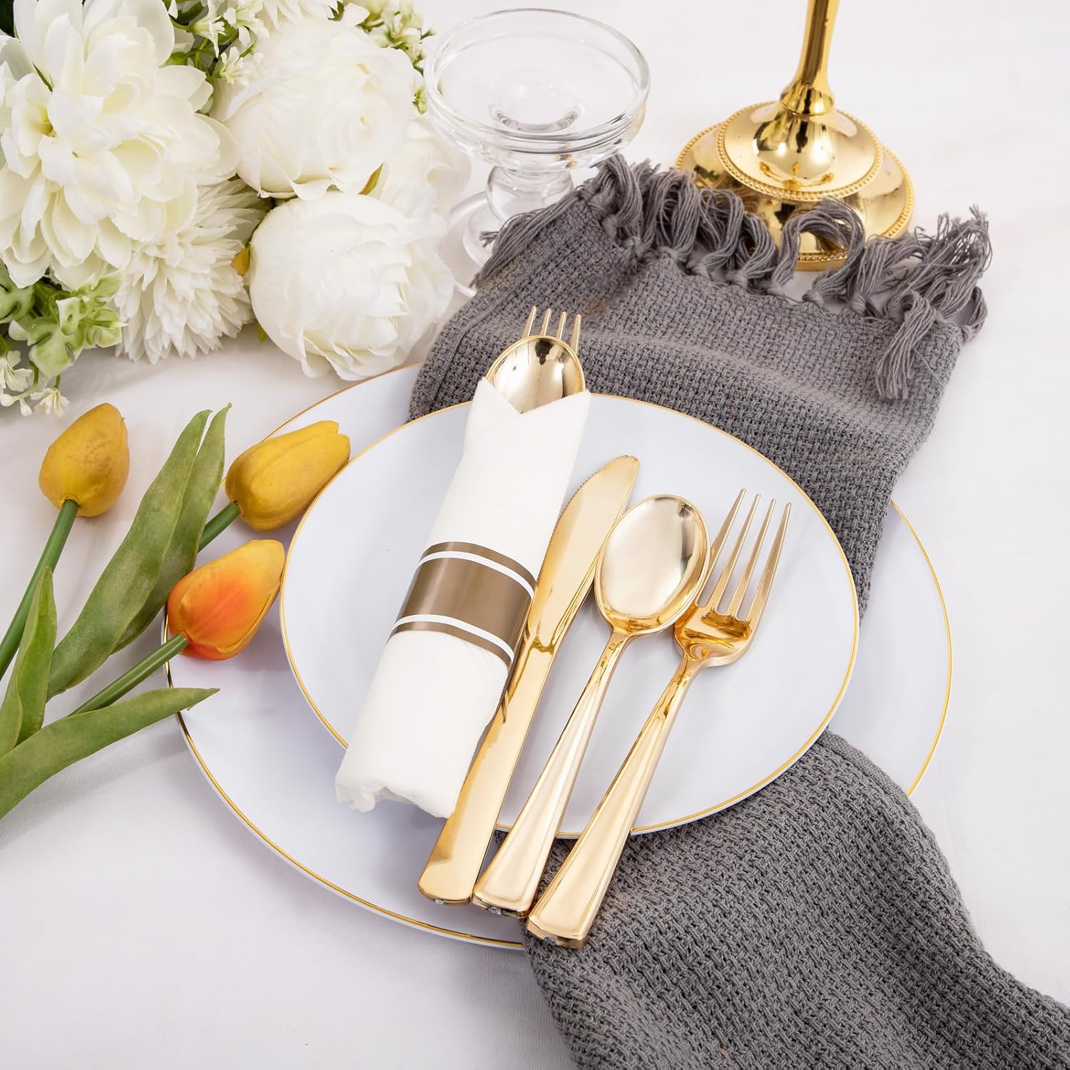 Supernal 60 Pack Pre Rolled Napkins with Gold Plastic Silverware, Premium Disposable Gold Wrapped Cutlery Set Includes: 60 Forks 60 Knives 60 Spoons 60 Napkin for Party