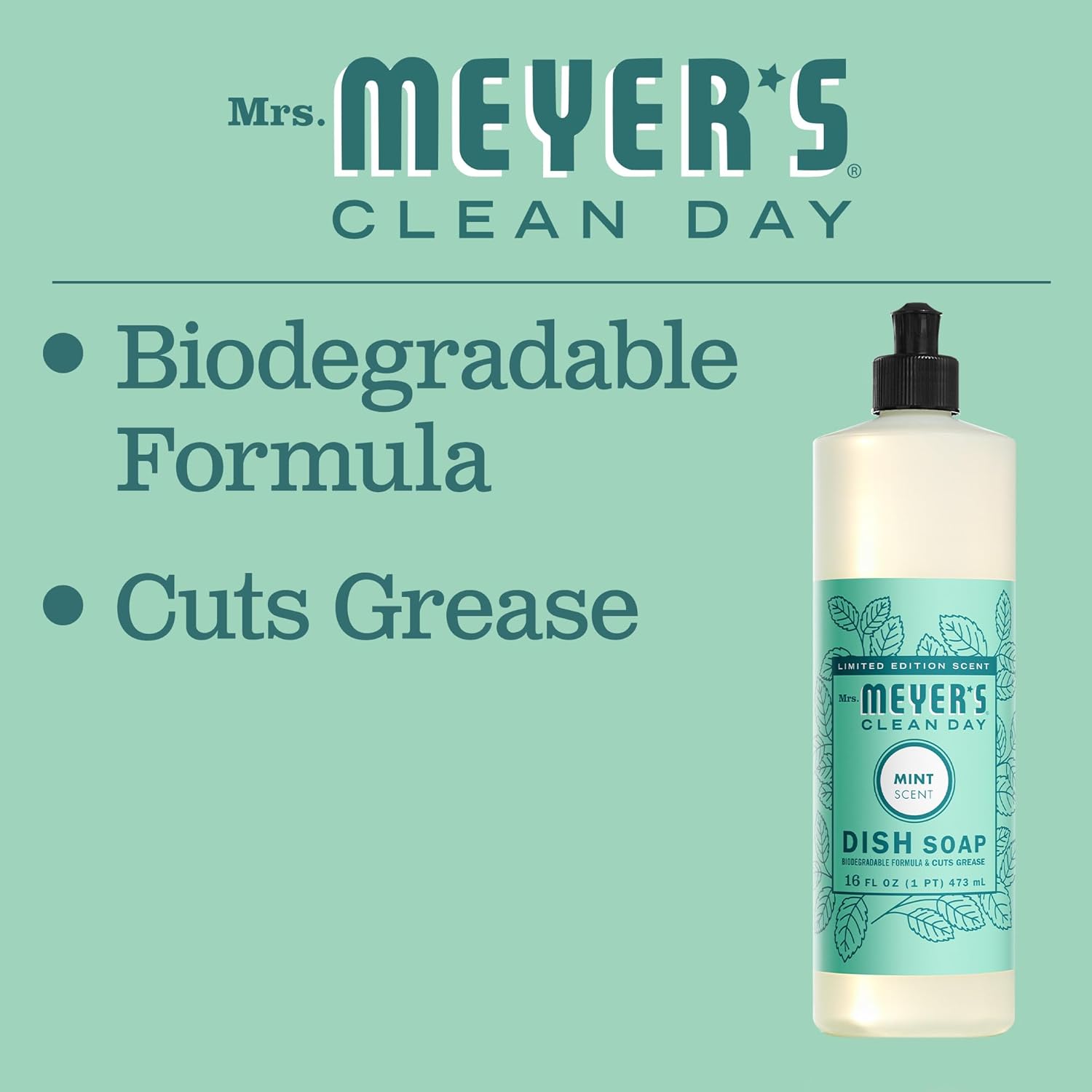 MRS. MEYER'S CLEAN DAY Liquid Dish Soap, Biodegradable Formula, Basil, 16 fl. oz - Pack of 3
