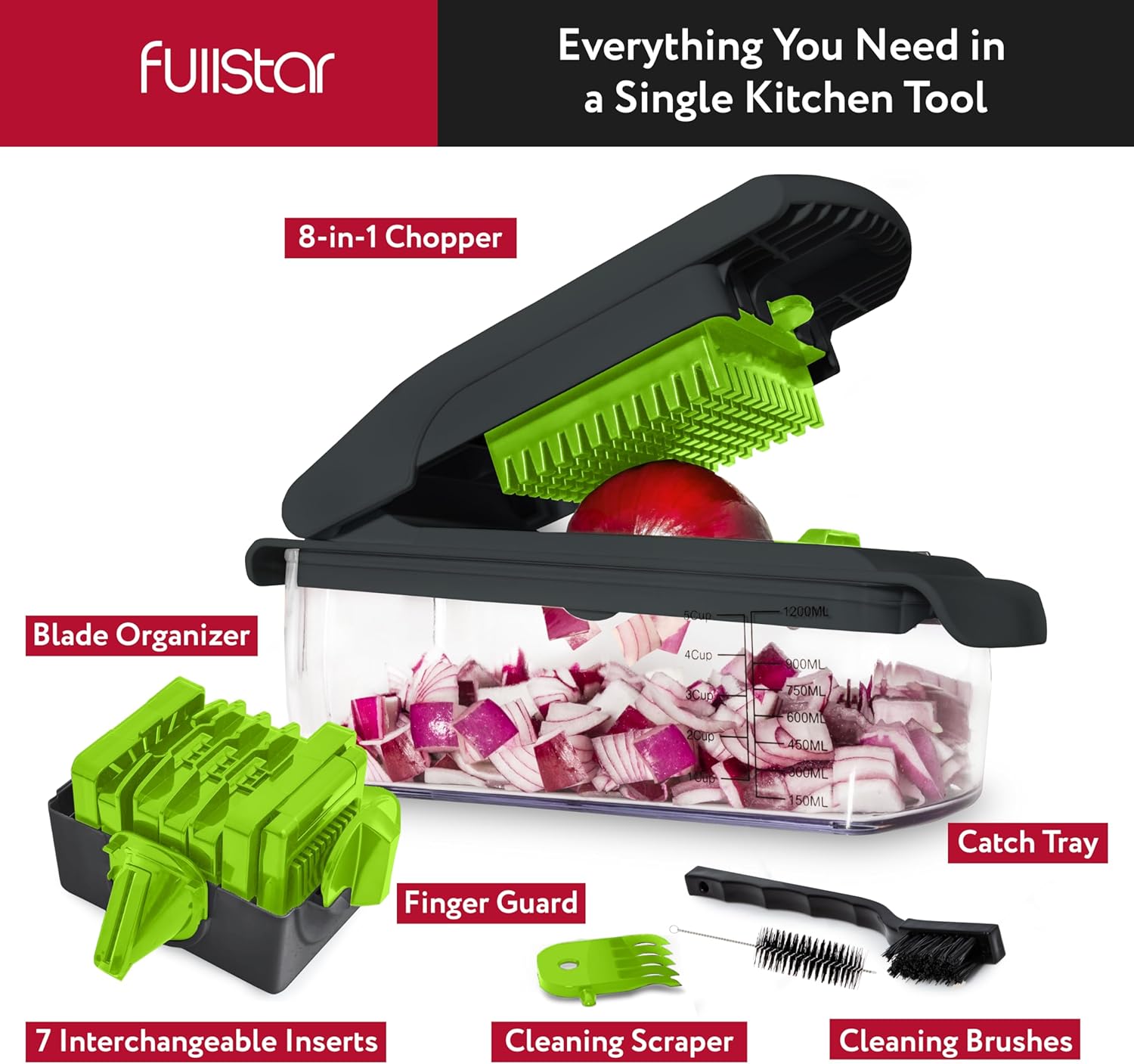 Fullstar Vegetable Chopper - Food Chopper - Onion Chopper - Vegetable Slicer & Spiralizer - Veggie Chopper with Container - Kitchen Gadgets - Home Essentials - Kitchen Accessories (4 in 1, White)