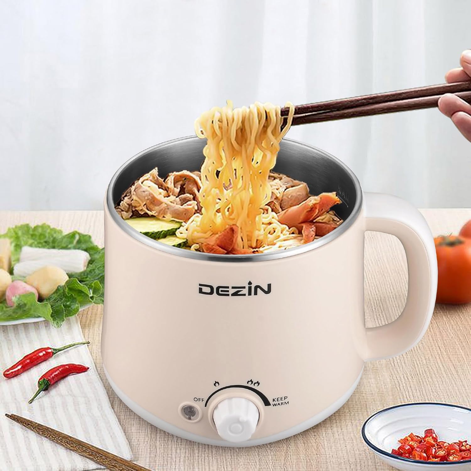 Dezin Electric Pot, 1.6L Ramen Cooker, Hot Pot Electric Stainless Steel, Multifunctional Electric Cooker for Egg, Pasta, Soup, Porridge, Oatmeal with Temperature Control and Keep Warm Function