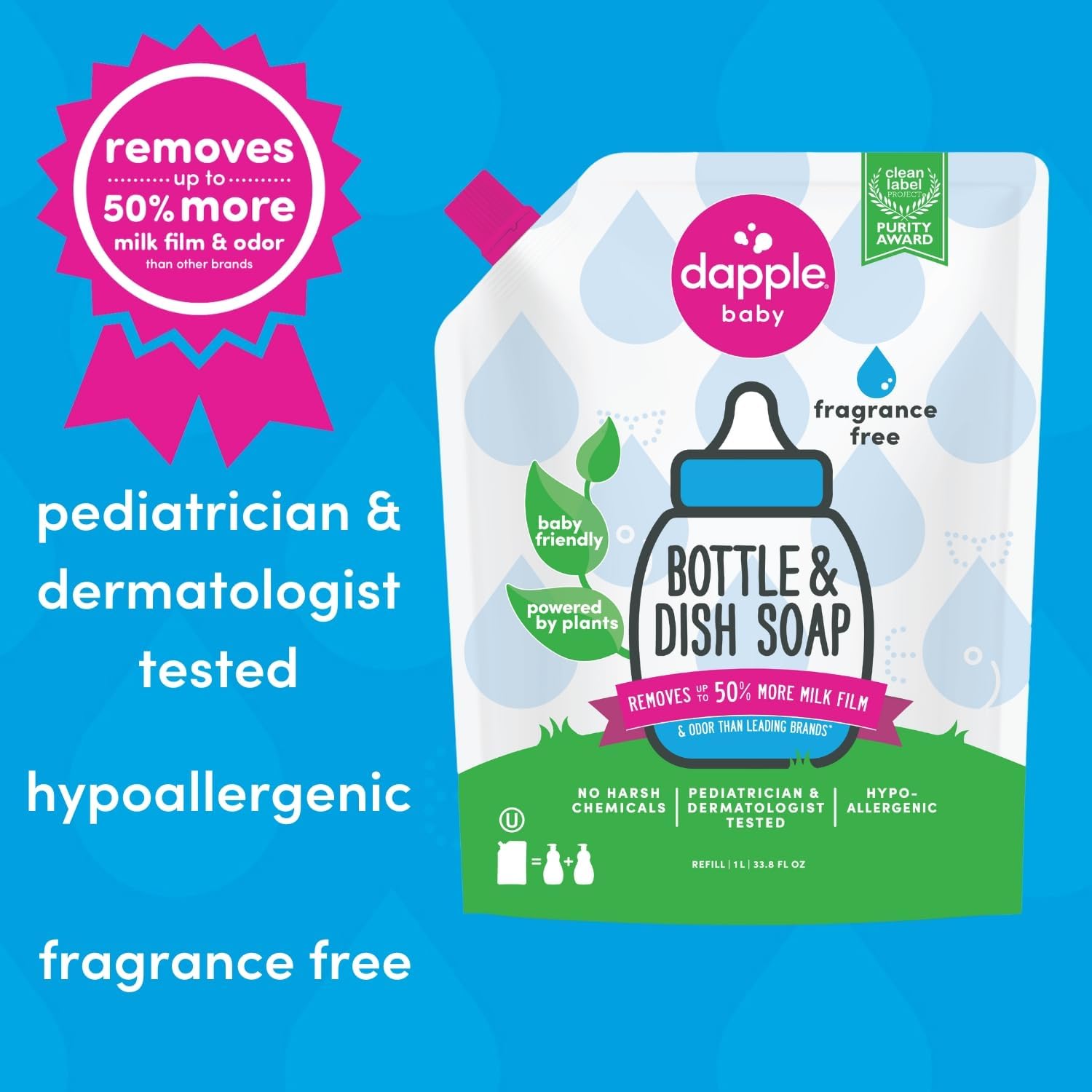 Dapple Baby Bottle Soap, Hypoallergenic Dish Soap for Baby Bottles, Powered by Plants, 1 Pump Included, Packaging May Vary, Fragrance Free, 16.9 Fl Oz (Pack of 3)
