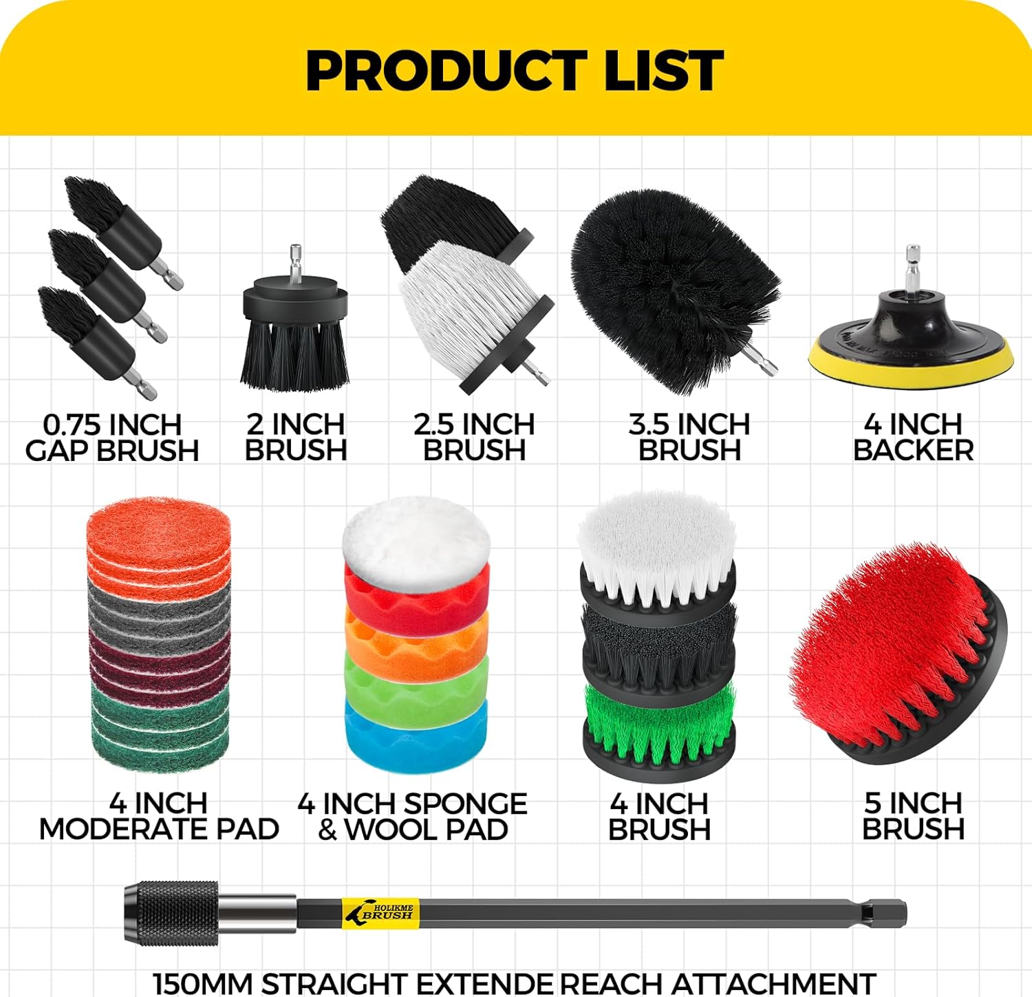 Holikme 30Pack Drill Brush Attachments Set,Scrub Pads & Sponge, Power Scrubber Brush with Extend Long Attachment All Purpose Clean for Grout, Tiles, Sinks, Car Polishing Pads