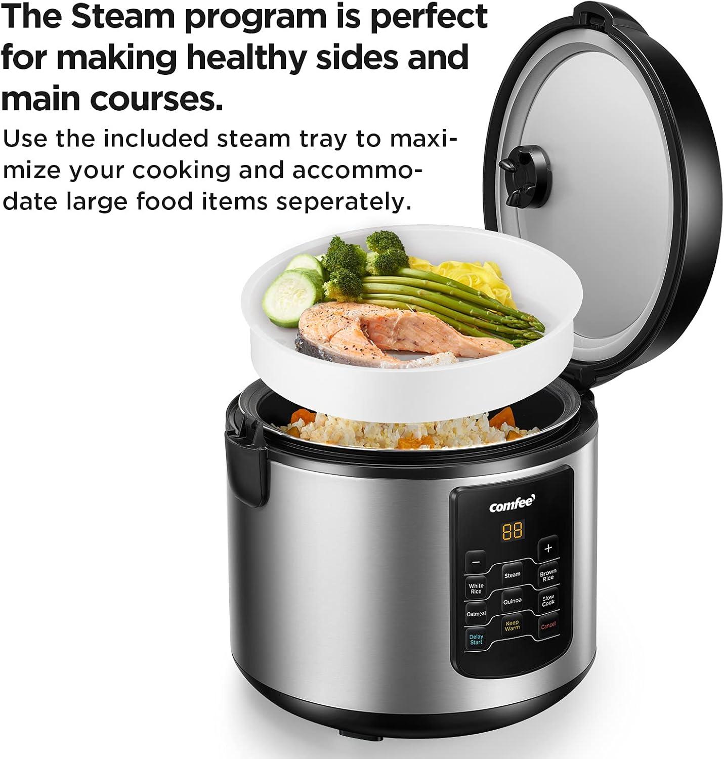COMFEE' Compact Rice Cooker, 6-in-1 Stainless Steel Multi Cooker, Slow Cooker, Steamer, Saute, and Warmer, 2 QT, 8 Cups Cooked(4 Cups Uncooked), Brown Rice, Quinoa and Oatmeal, 6 One-Touch Programs