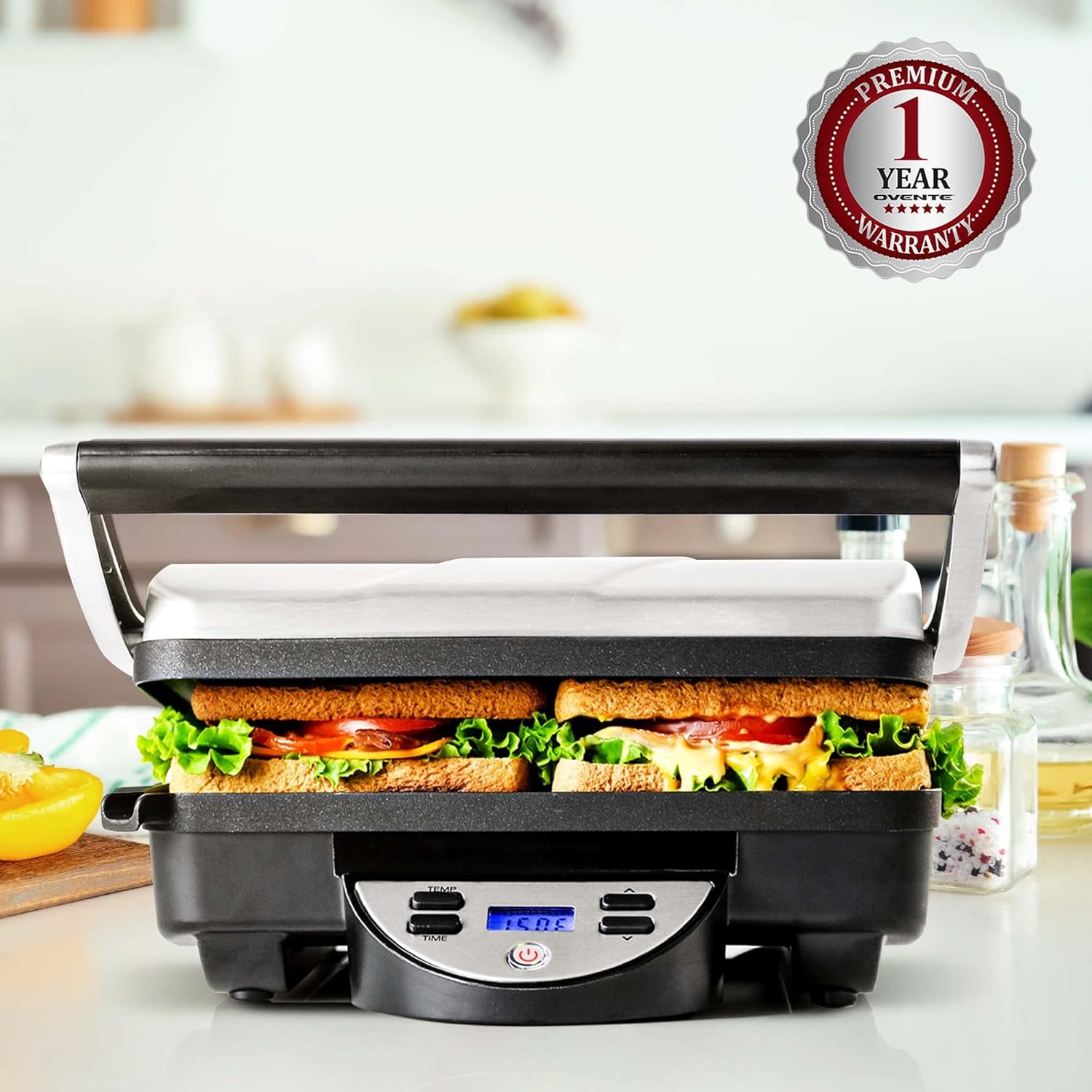 OVENTE Electric Sandwich Maker with Non-Stick Plates, Indicator Lights, Cool Touch Handle, Easy to Clean and Store, Perfect for Cooking Breakfast, Grilled Cheese, Tuna Melts and Snacks, Black GPS401B