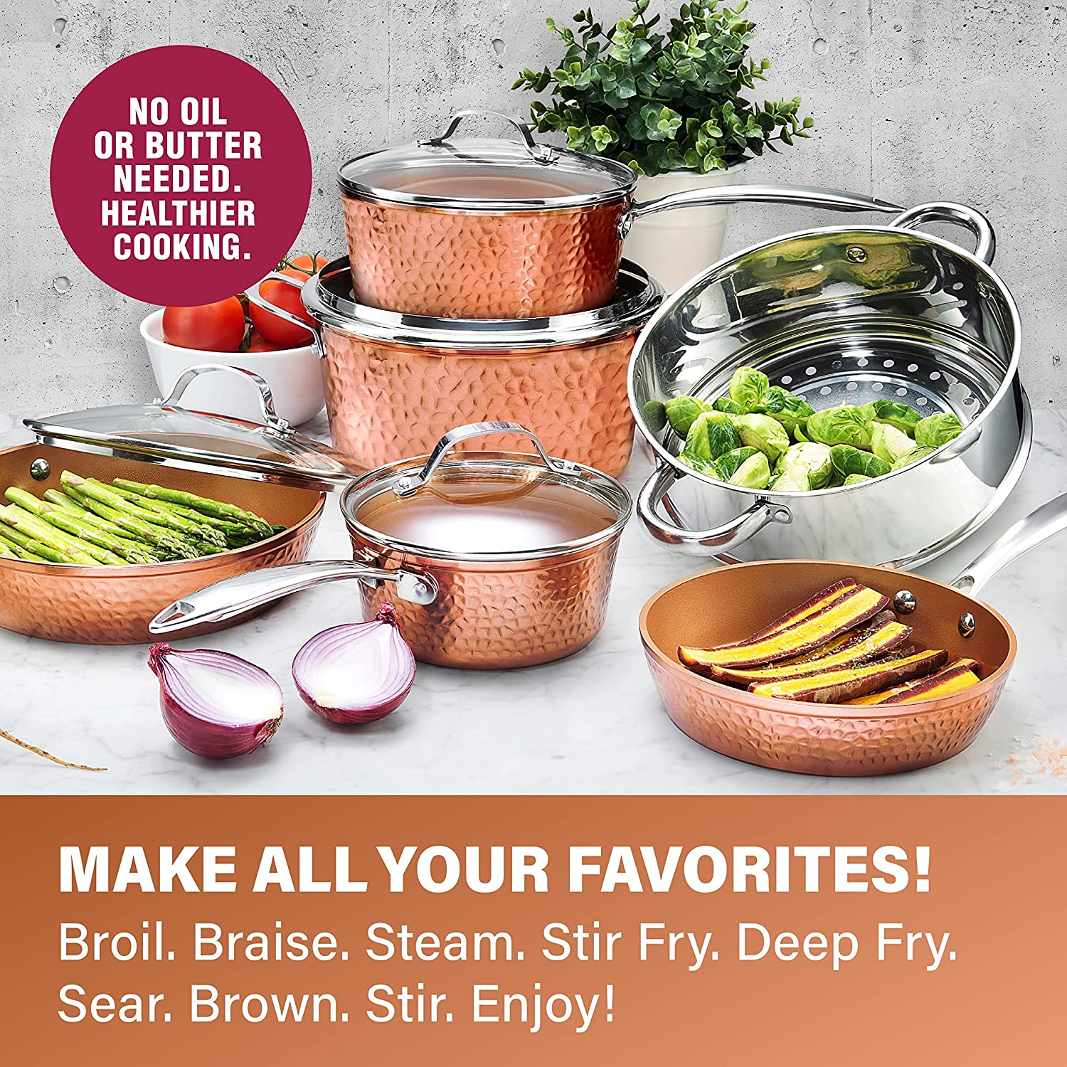 Steel Hammered Pots and Pans Set Nonstick, 15 Pc Elegant Kitchen Cookware Set & Bakeware Set, Ultra Durable Pots and Pans for Cooking with Nonstick Ceramic Coating, Dishwasher Safe, Toxin Free