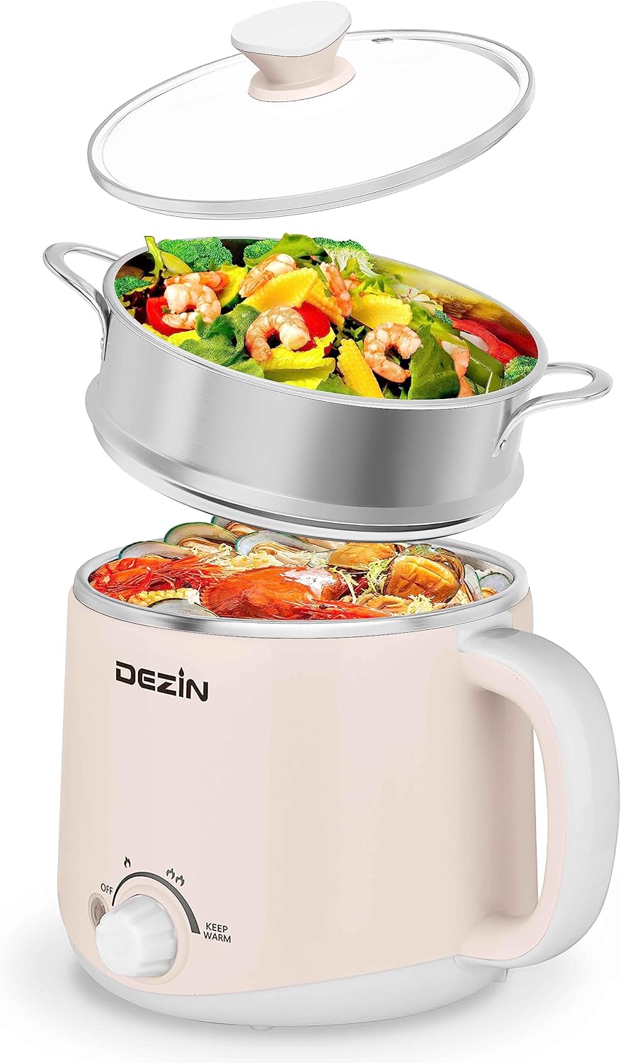 Dezin Electric Pot, 1.6L Ramen Cooker, Hot Pot Electric Stainless Steel, Multifunctional Electric Cooker for Egg, Pasta, Soup, Porridge, Oatmeal with Temperature Control and Keep Warm Function