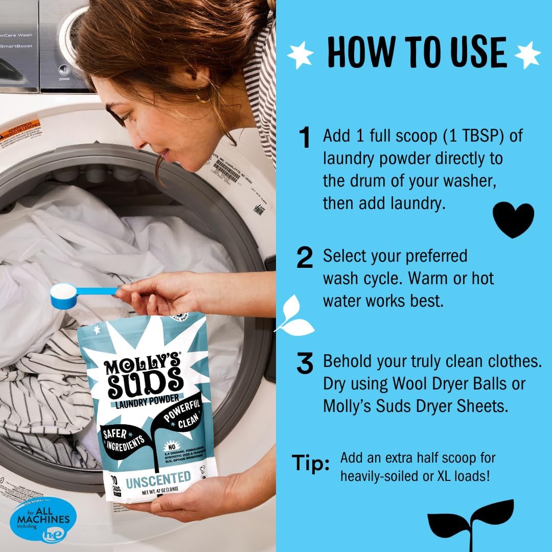 Molly's Suds Original Laundry Detergent Powder | Natural Laundry Detergent Powder for Sensitive Skin | Earth-Derived Ingredients, Stain Fighting | 120 Loads (Unscented)