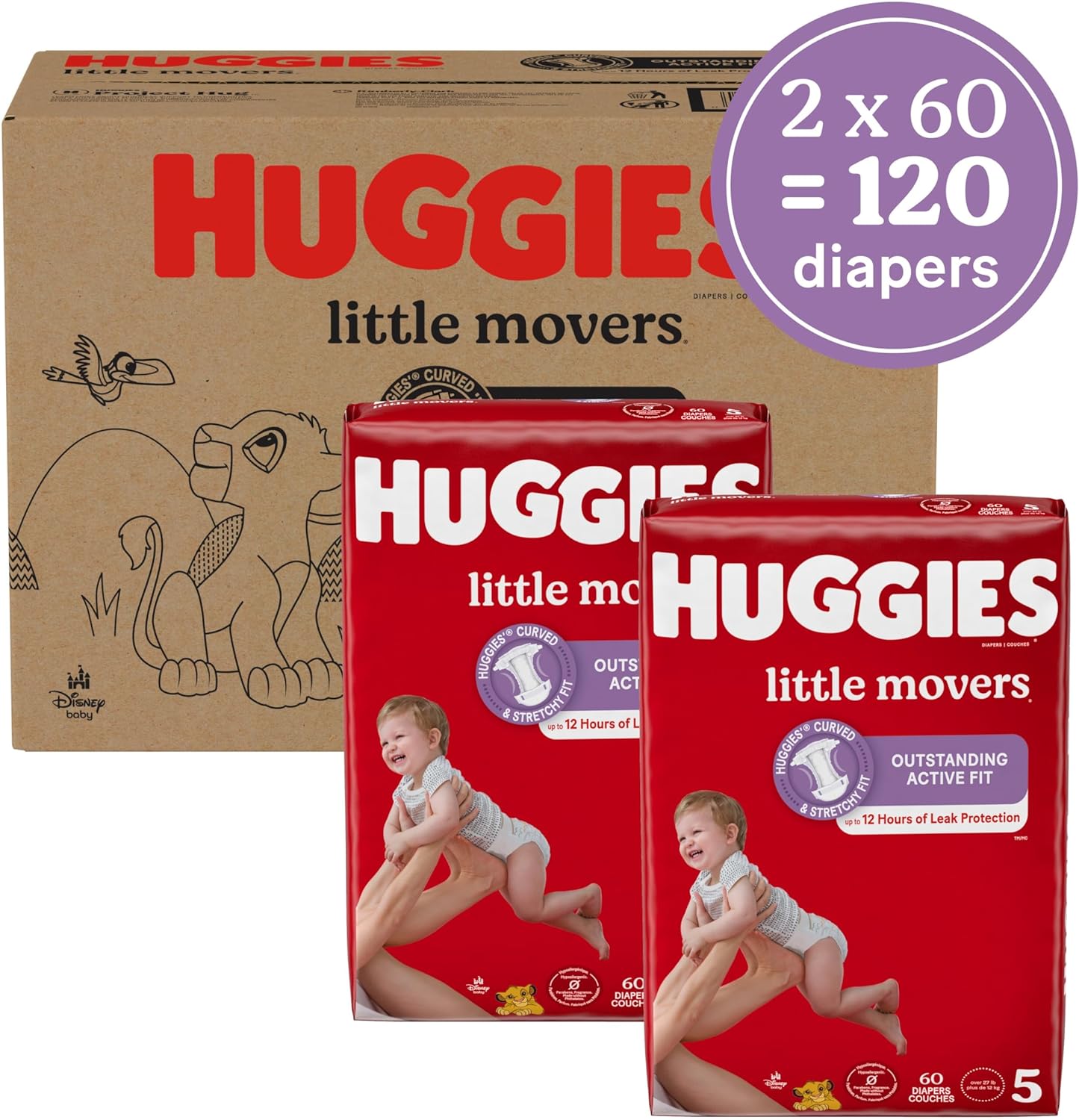 Huggies Size 5 Diapers, Little Movers Baby Diapers, Size 5 (27+ lbs), 120 Count (2 Packs of 60)