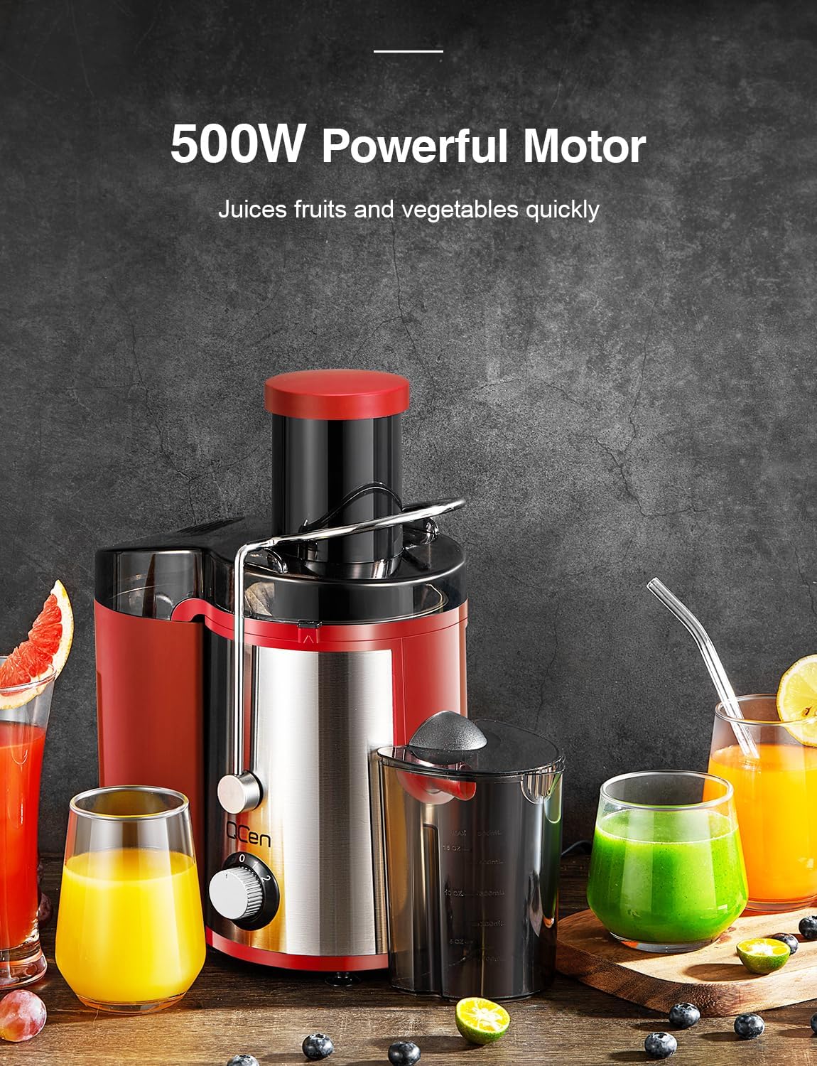 Qcen Juicer Machine, 800W Centrifugal Juicer Extractor with Wide Mouth 3” Feed Chute for Fruit Vegetable, Easy to Clean, Stainless Steel, BPA-free (Black)