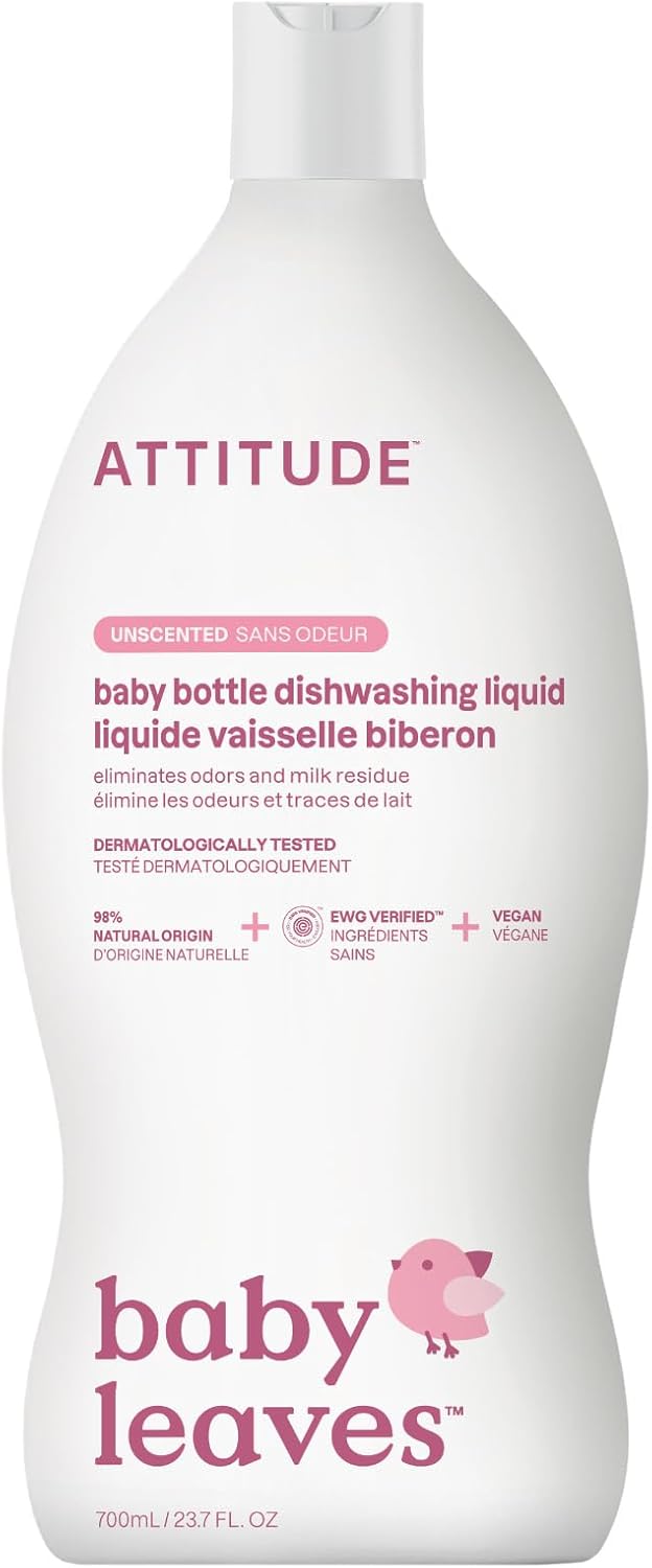 ATTITUDE Baby Dish Soap and Bottle Cleaner, EWG Verified Dishwashing Liquid, No Added Dyes or Fragrances, Tough on Milk Residue and Grease, Vegan, Unscented, 33.8 Fl Oz