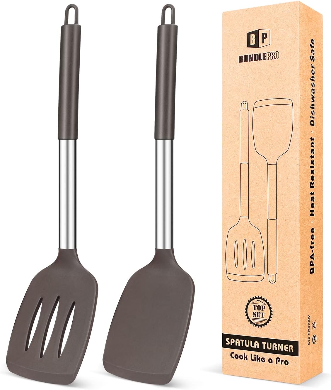 Pack of 2 Silicone Solid Turner,Non Stick Slotted Kitchen Spatulas,High Heat Resistant BPA Free Cooking Utensils,Ideal Cookware for Fish,Eggs,Pancakes (Black)