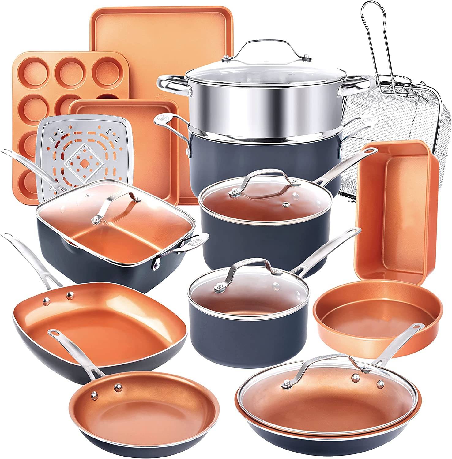 Steel Pots and Pans Set, 20 Pc Non Stick Cookware Set, Long Lasting Nonstick Kitchen Set with Pan Set, Pot Set, Baking Set, Stay Cool Handles, Dishwasher Safe, 100% Toxin Free-Copper