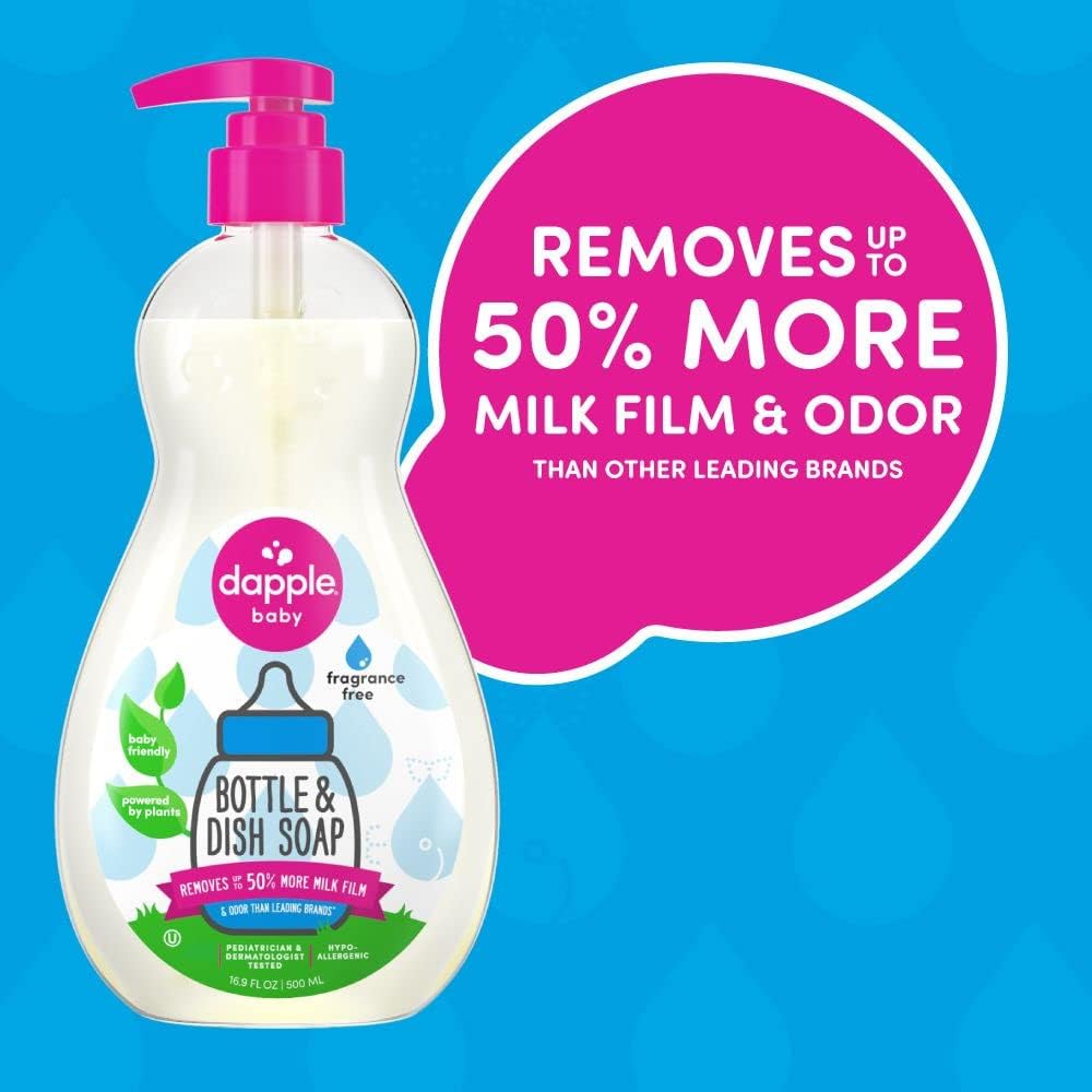 Dapple Baby, Bottle and Dish Soap Dish Liquid Plant Based Hypoallergenic 1 Pump Included, Packaging May Vary, Fragrance Free, 16.9 Fl Oz (Pack of 3)