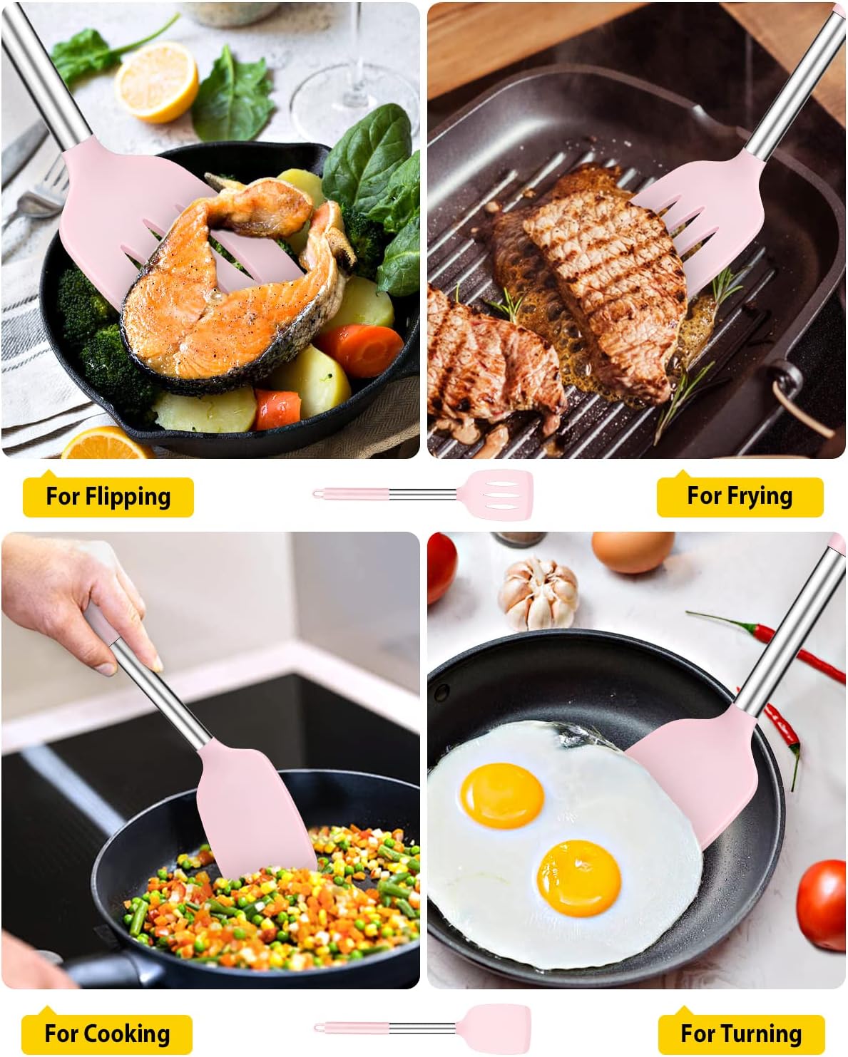 Pack of 2 Silicone Solid Turner,Non Stick Slotted Kitchen Spatulas,High Heat Resistant BPA Free Cooking Utensils,Ideal Cookware for Fish,Eggs,Pancakes (Black)