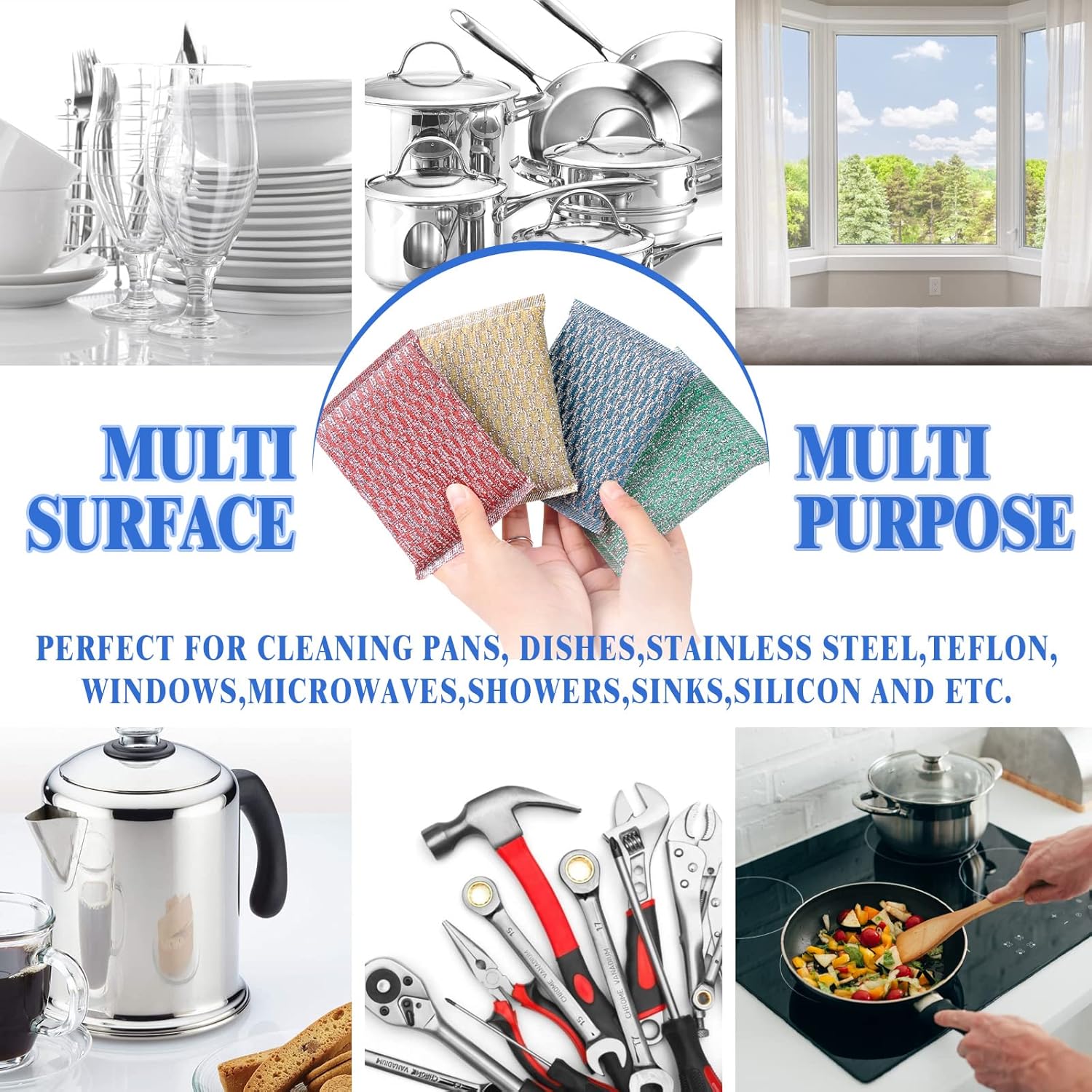 6Pcs Steel Wool Scrubbers - Flexible Scrubber Pads for Cleaning Dishes, Pots, Pans, Grills and Sinks