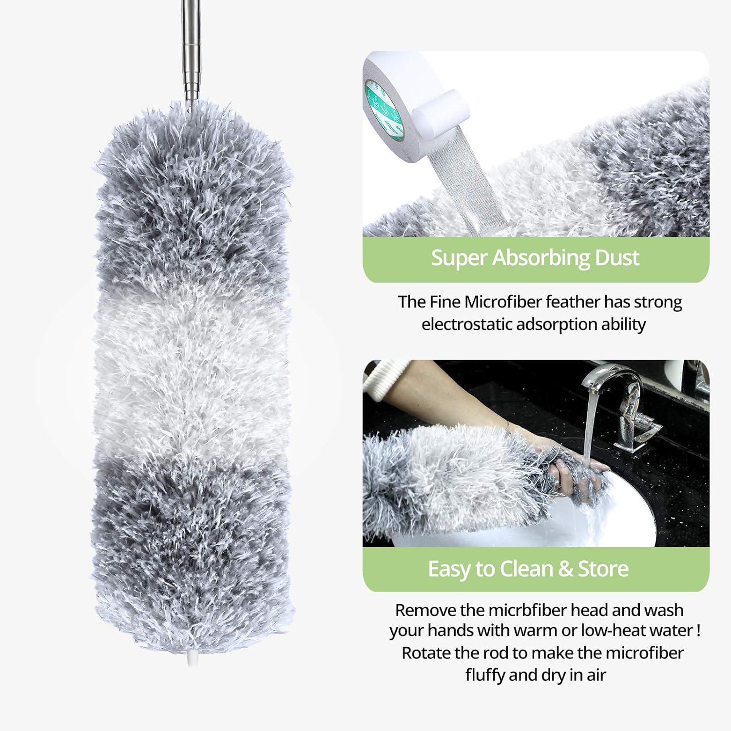 DELUX Microfiber Feather Duster Extendable Duster with 100 inches Extra Long Pole, Bendable Head & Long Handle Dusters for Cleaning Ceiling Fan, High Ceiling, Blinds, Furniture & Cars Gray