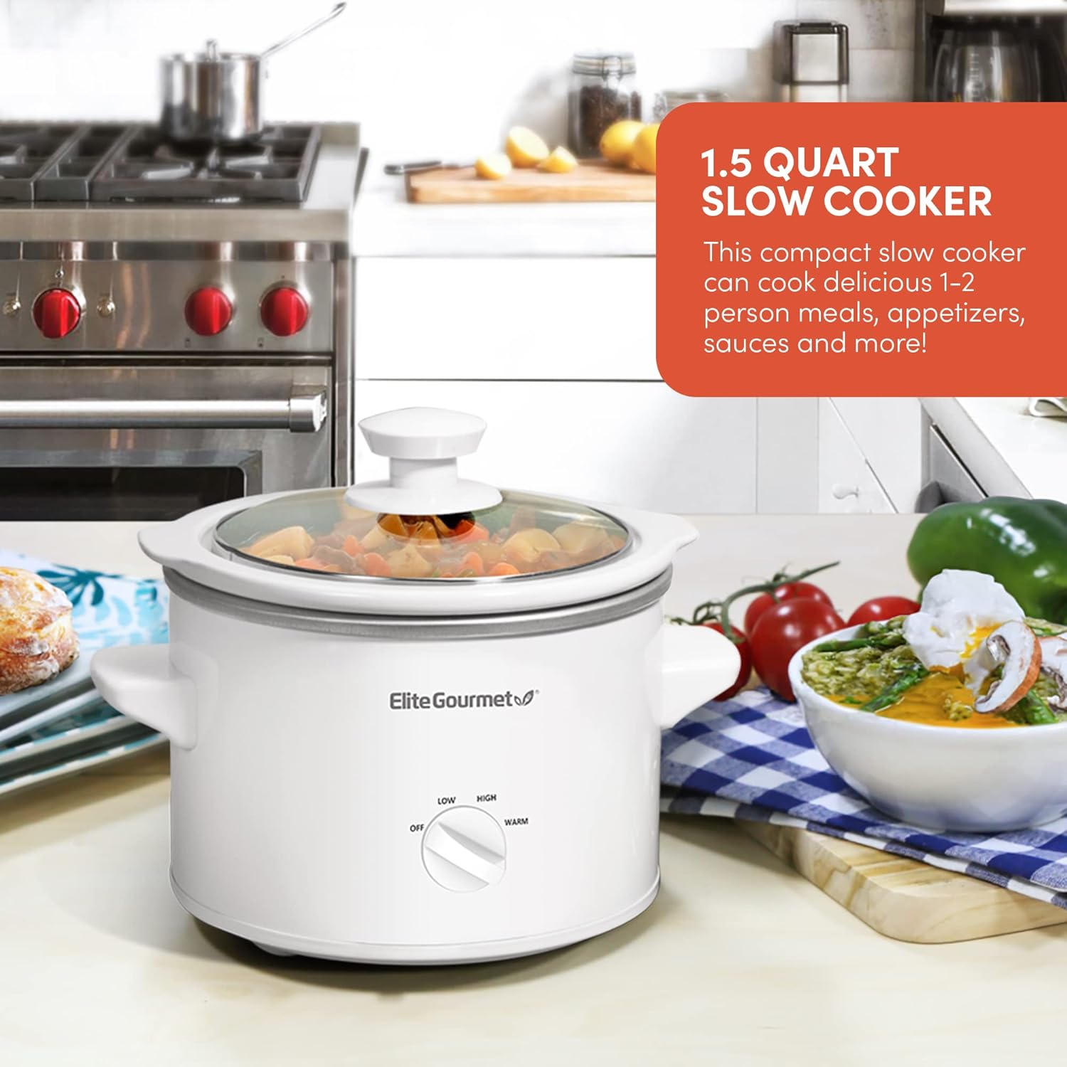 Elite Gourmet MST-250XS Electric Slow Cooker Ceramic Pot, Adjustable Temp, Entrees, Sauces, Stews & Dips, Dishwasher Safe Glass Lid & Crock, 1.5 Quart, Stainless Steel