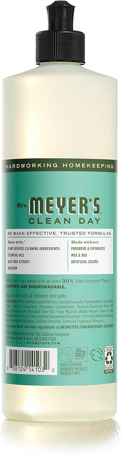 MRS. MEYER'S CLEAN DAY Liquid Dish Soap, Biodegradable Formula, Basil, 16 fl. oz - Pack of 3