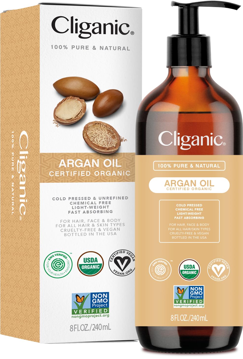 Cliganic Organic Argan Oil, 100% Pure - for Hair, Face & Skin | Cold Pressed Carrier Oil