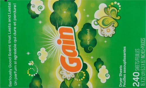 Gain Dryer Sheets, 240 Count, Original Scent Laundry Fabric Softener Sheets with 2-in-1 Aromaboost Plus Softness